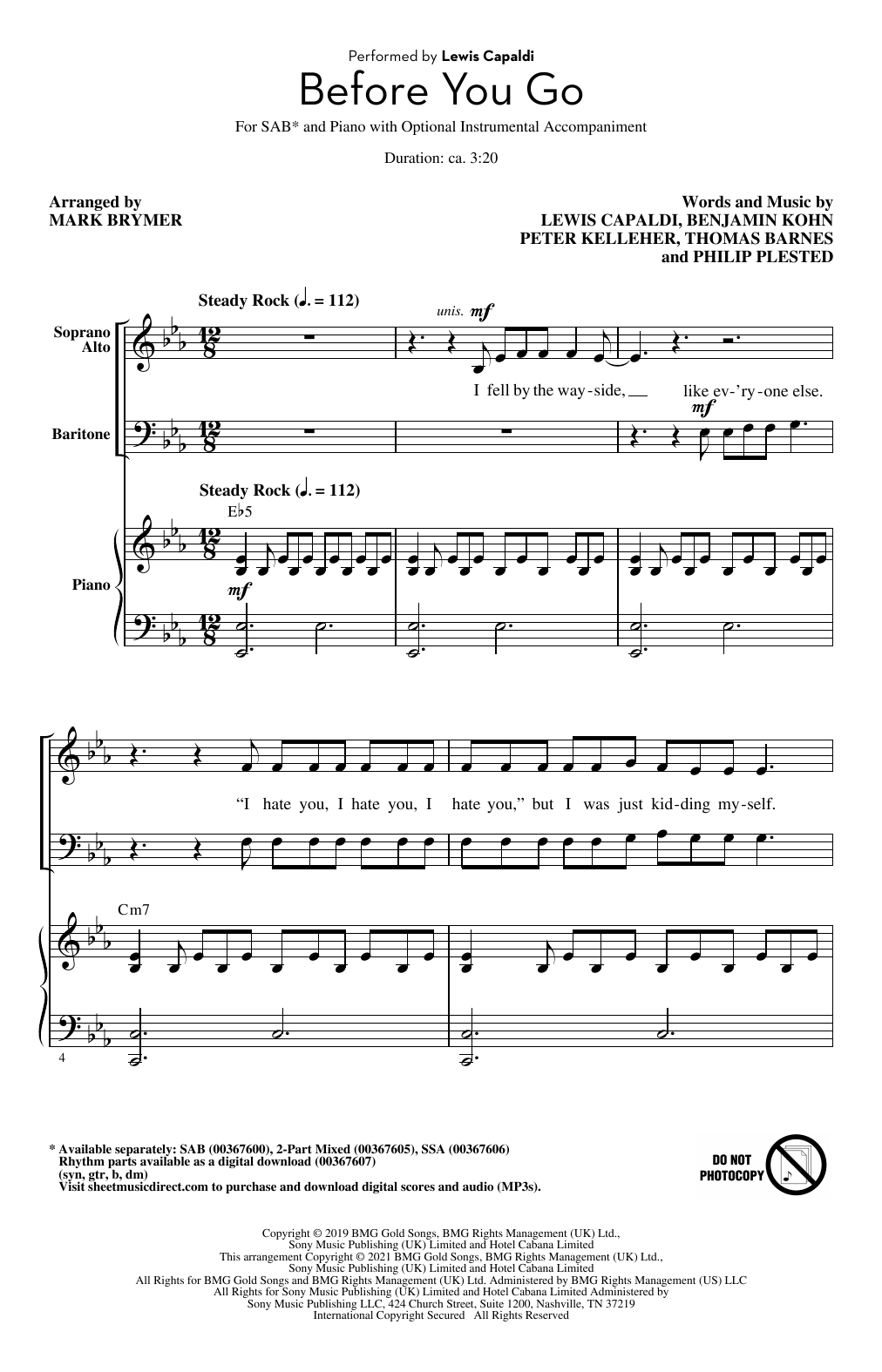 Download Lewis Capaldi Before You Go (arr. Mark Brymer) Sheet Music and learn how to play SAB Choir PDF digital score in minutes