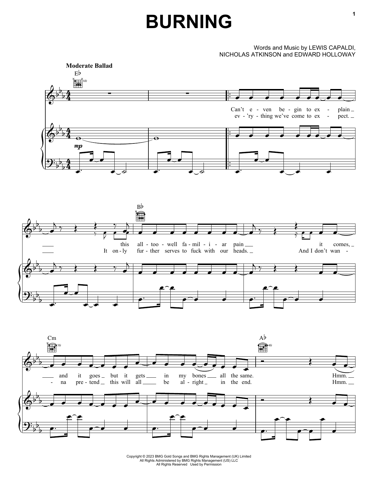 Download Lewis Capaldi Burning Sheet Music and learn how to play Piano, Vocal & Guitar Chords (Right-Hand Melody) PDF digital score in minutes