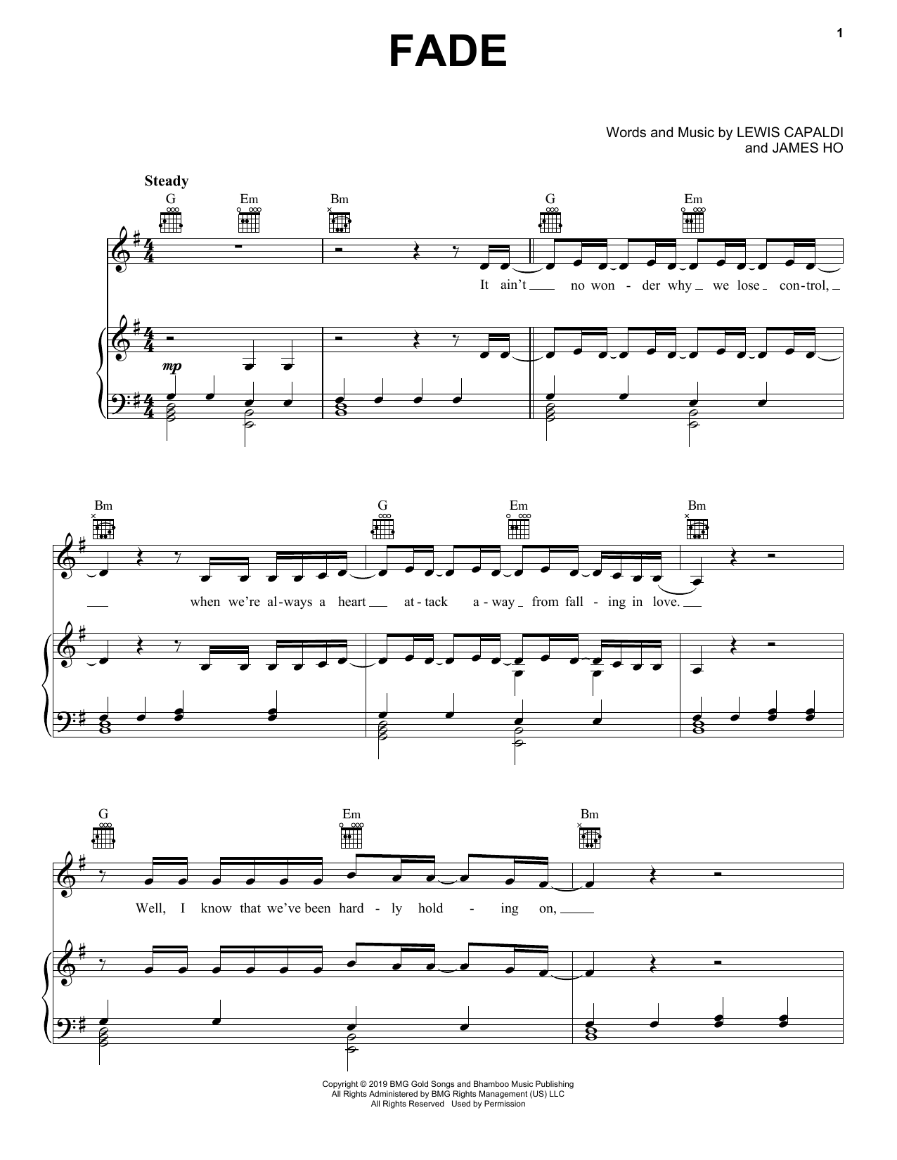 Download Lewis Capaldi Fade Sheet Music and learn how to play Piano, Vocal & Guitar Chords (Right-Hand Melody) PDF digital score in minutes