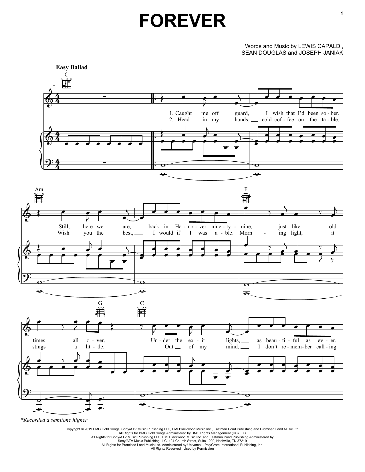 Download Lewis Capaldi Forever Sheet Music and learn how to play Piano, Vocal & Guitar Chords (Right-Hand Melody) PDF digital score in minutes