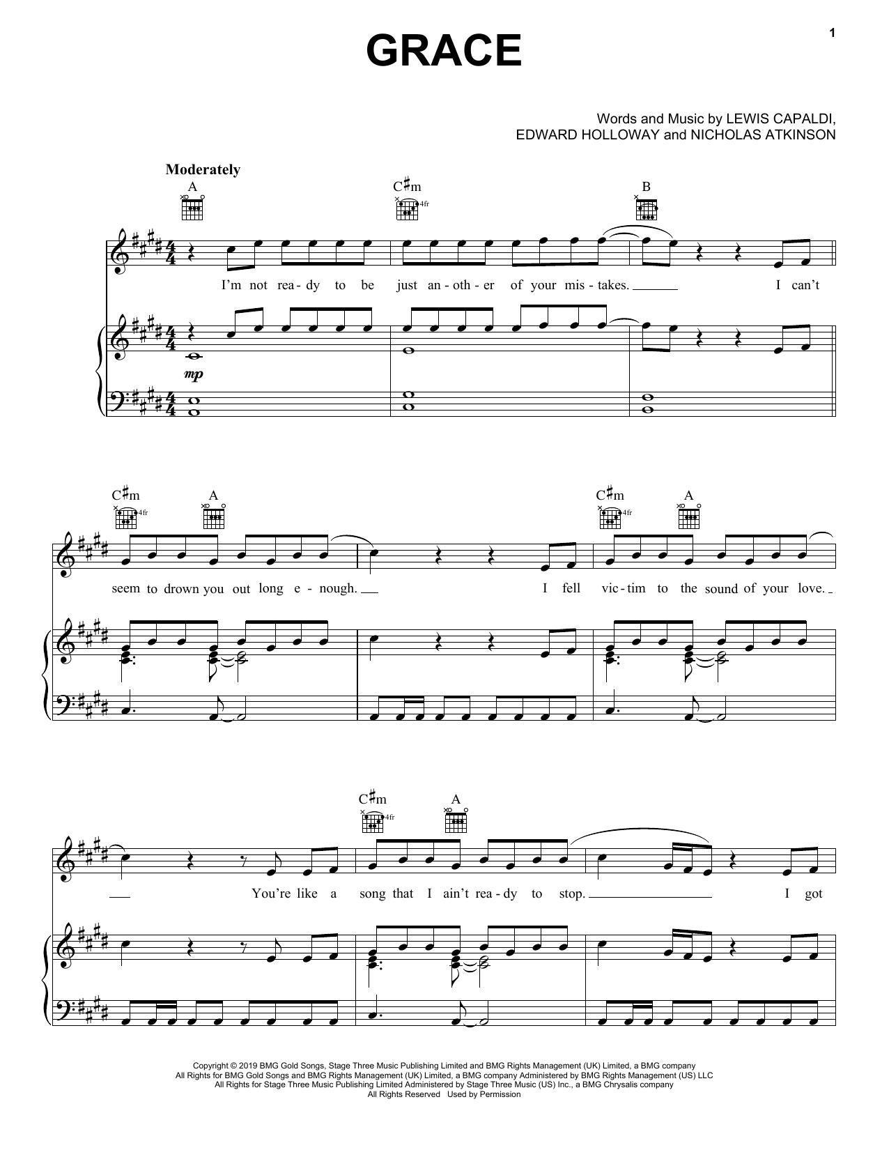 Download Lewis Capaldi Grace Sheet Music and learn how to play Piano, Vocal & Guitar Chords (Right-Hand Melody) PDF digital score in minutes