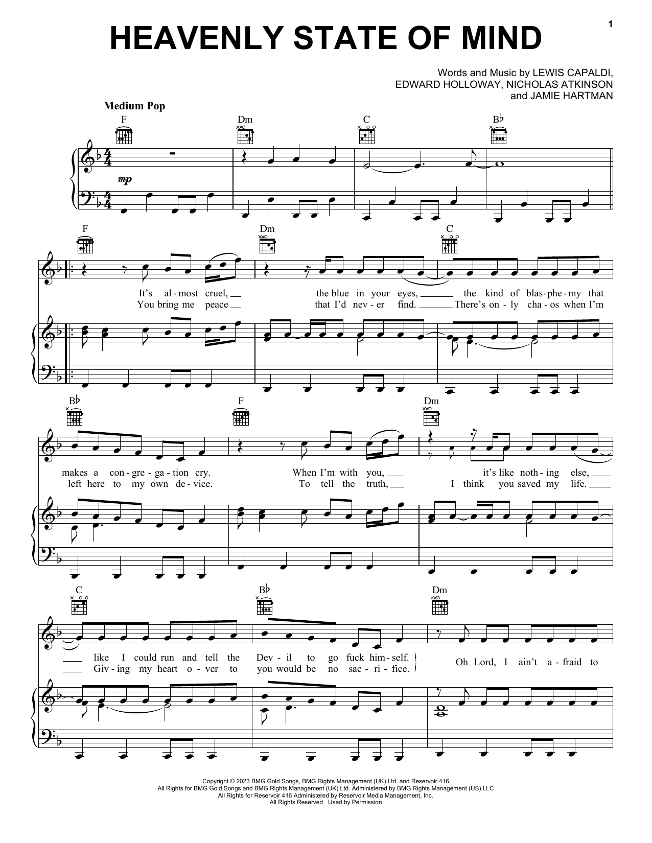 Download Lewis Capaldi Heavenly Kind Of State Of Mind Sheet Music and learn how to play Piano, Vocal & Guitar Chords (Right-Hand Melody) PDF digital score in minutes