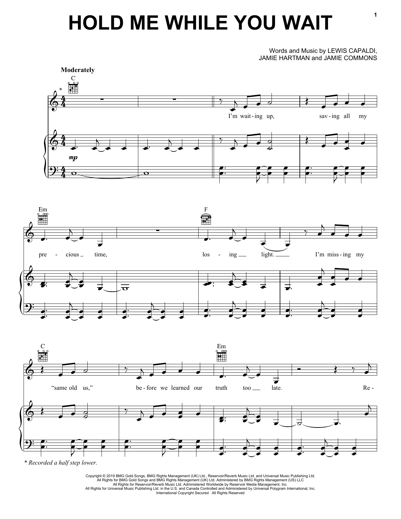 Download Lewis Capaldi Hold Me While You Wait Sheet Music and learn how to play Really Easy Piano PDF digital score in minutes