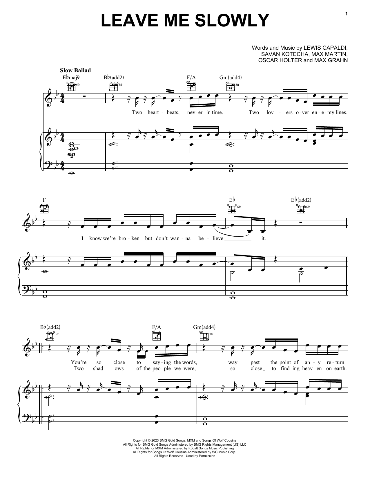 Download Lewis Capaldi Leave Me Slowly Sheet Music and learn how to play Piano, Vocal & Guitar Chords (Right-Hand Melody) PDF digital score in minutes