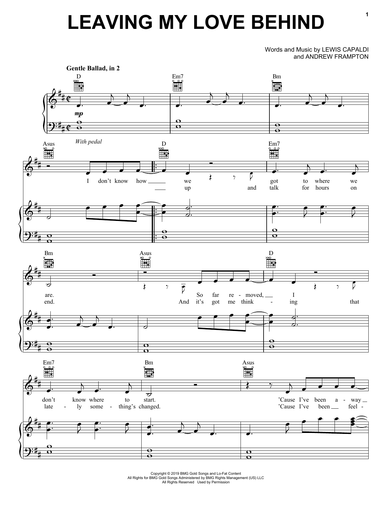 Download Lewis Capaldi Leaving My Love Behind Sheet Music and learn how to play Piano, Vocal & Guitar Chords (Right-Hand Melody) PDF digital score in minutes