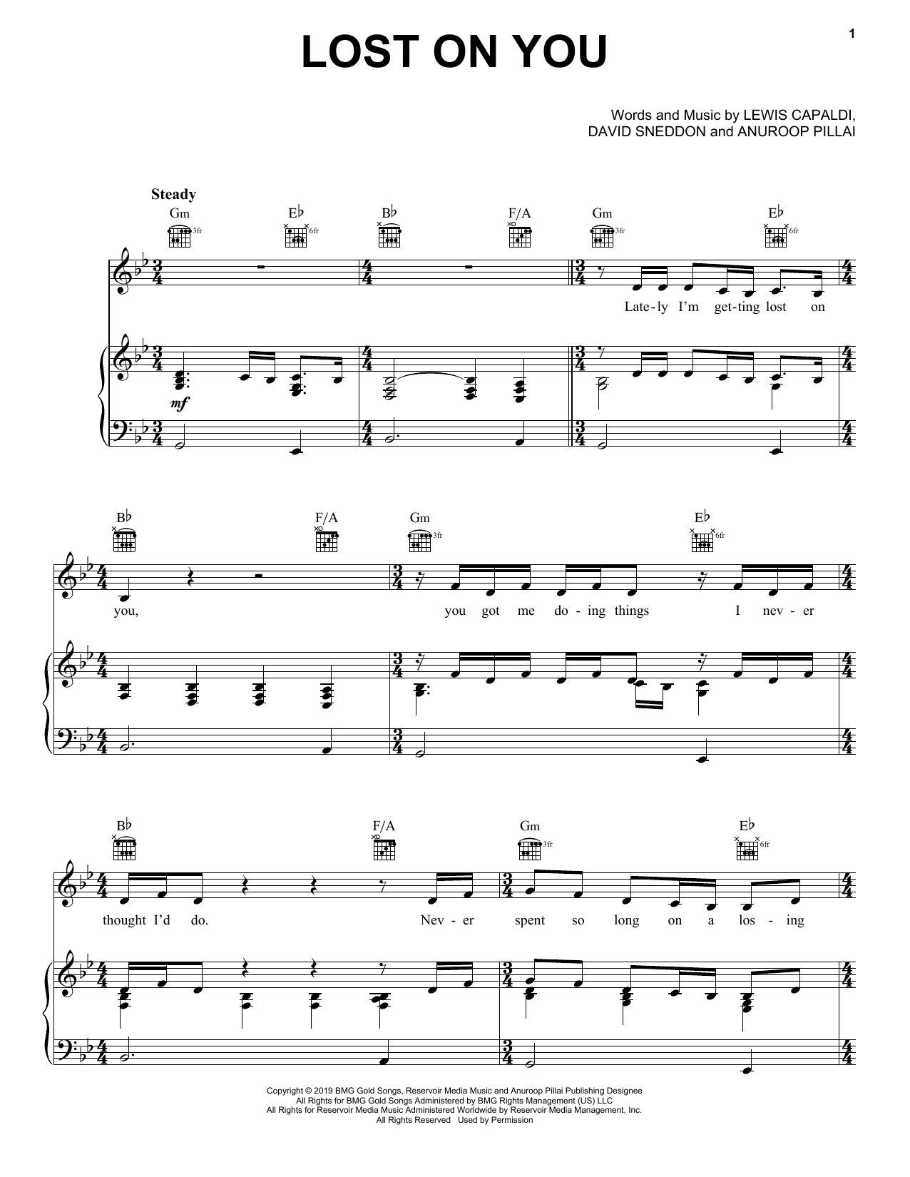Download Lewis Capaldi Lost On You Sheet Music and learn how to play Piano, Vocal & Guitar Chords (Right-Hand Melody) PDF digital score in minutes