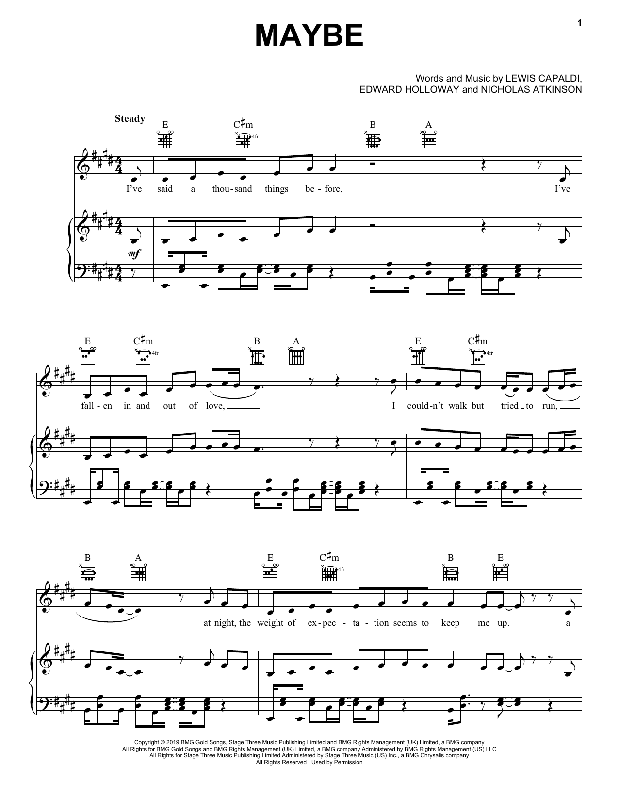 Download Lewis Capaldi Maybe Sheet Music and learn how to play Piano, Vocal & Guitar Chords (Right-Hand Melody) PDF digital score in minutes