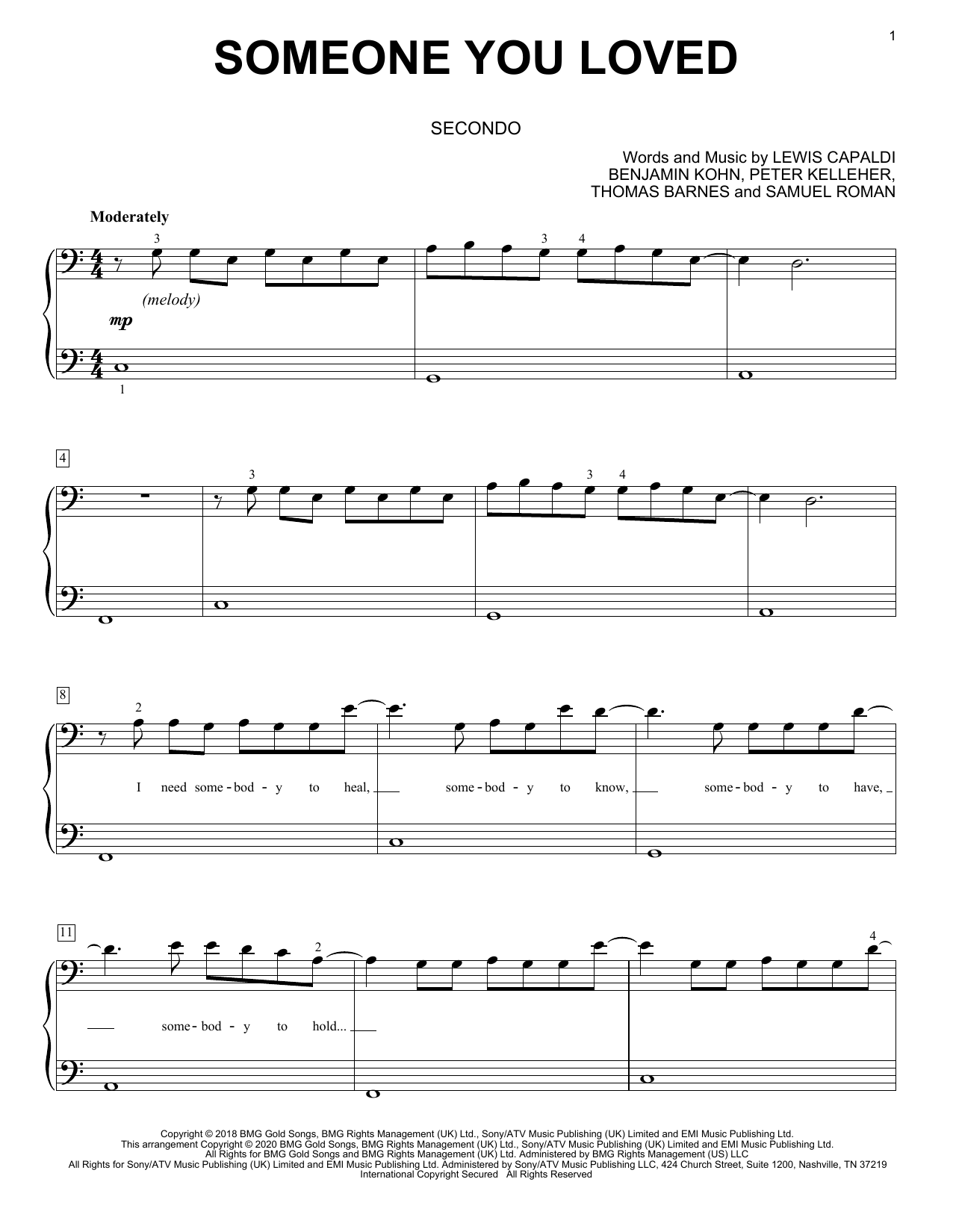Download Lewis Capaldi Someone You Loved (arr. David Pearl) Sheet Music and learn how to play Piano Duet PDF digital score in minutes
