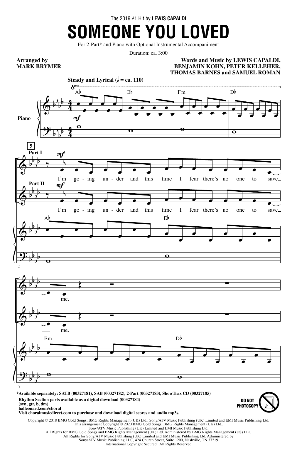 Download Lewis Capaldi Someone You Loved (arr. Mark Brymer) Sheet Music and learn how to play 2-Part Choir PDF digital score in minutes
