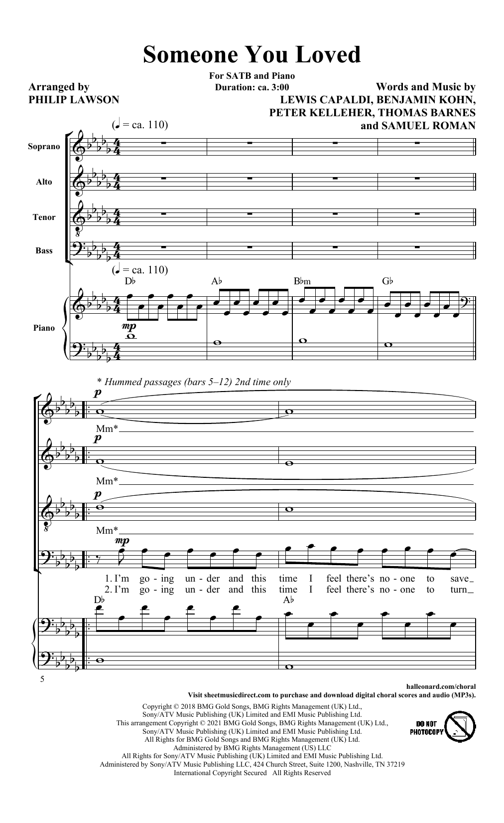 Download Lewis Capaldi Someone You Loved (arr. Philip Lawson) Sheet Music and learn how to play SATB Choir PDF digital score in minutes