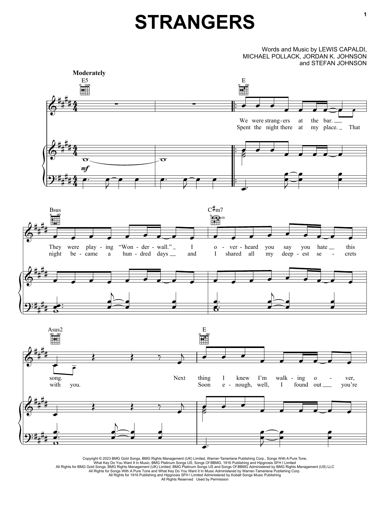 Download Lewis Capaldi Strangers Sheet Music and learn how to play Piano, Vocal & Guitar Chords (Right-Hand Melody) PDF digital score in minutes