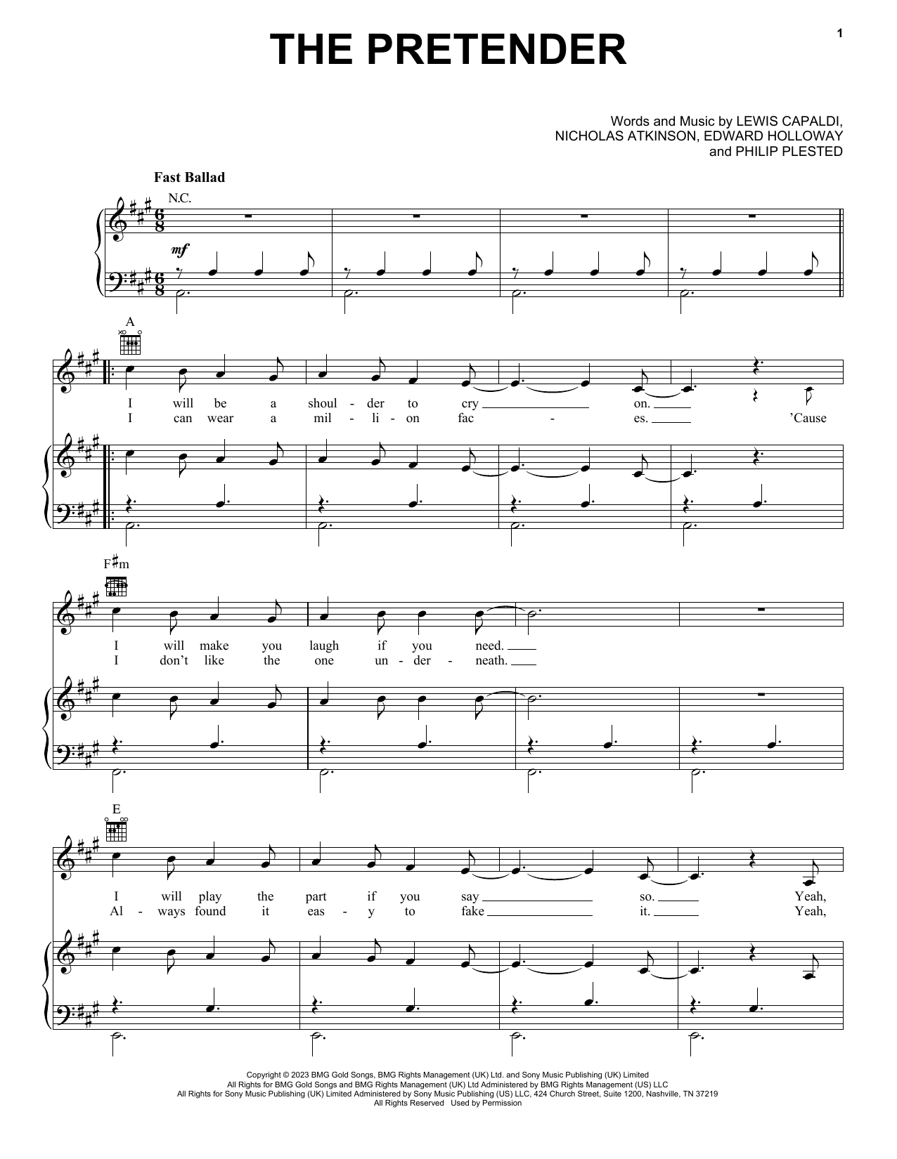 Download Lewis Capaldi The Pretender Sheet Music and learn how to play Piano, Vocal & Guitar Chords (Right-Hand Melody) PDF digital score in minutes