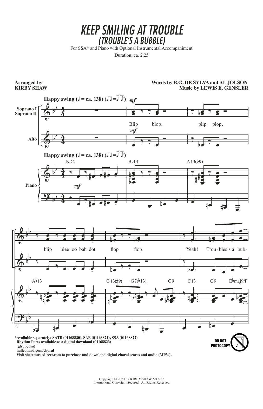 Download Lewis E. Gensler Keep Smiling At Trouble (Trouble's A Bubble) (arr. Kirby Shaw) Sheet Music and learn how to play SAB Choir PDF digital score in minutes