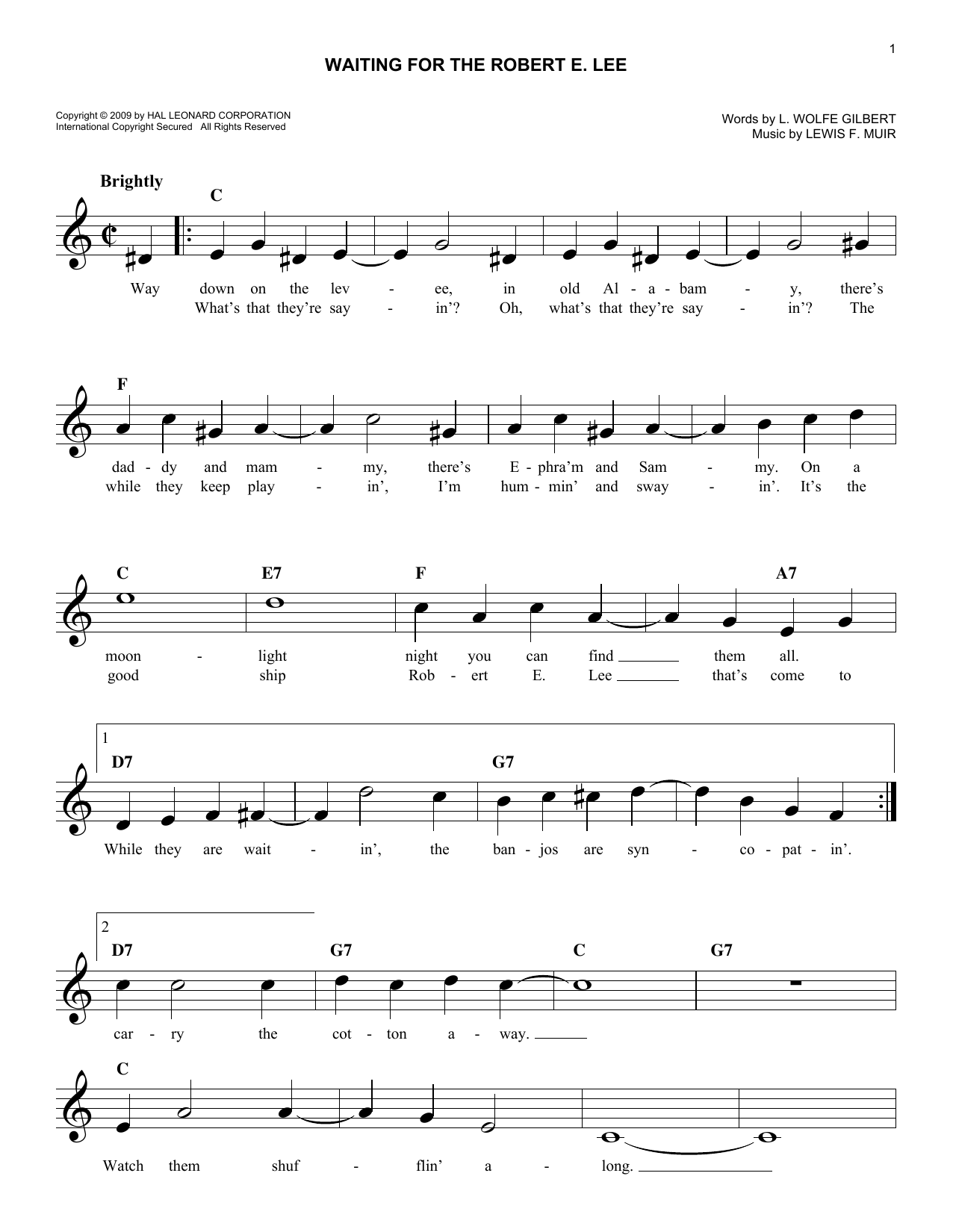 Download Lewis F. Muir Waiting For The Robert E. Lee Sheet Music and learn how to play Melody Line, Lyrics & Chords PDF digital score in minutes