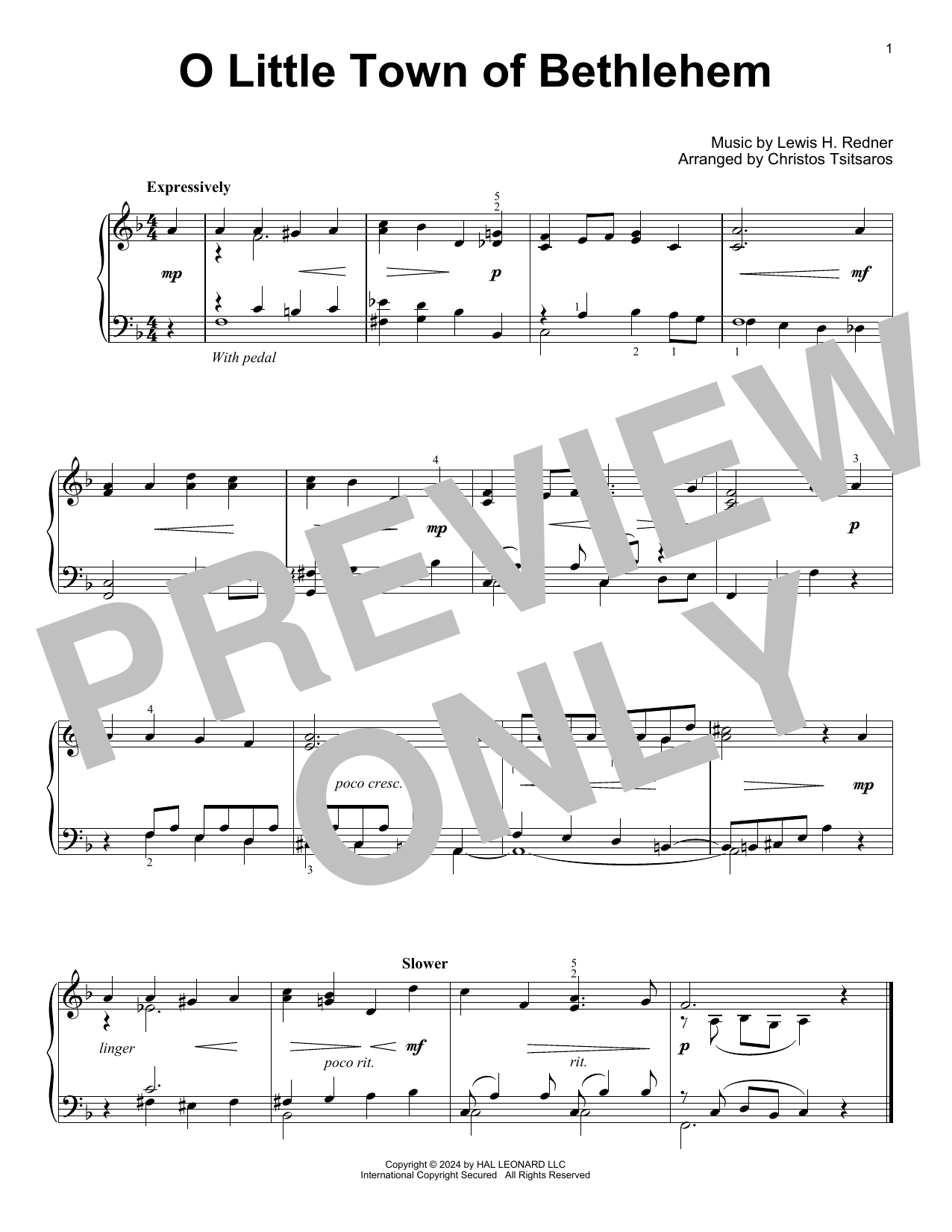 Download Lewis H. Redner O Little Town Of Bethlehem (arr. Christos Tsitsaros) Sheet Music and learn how to play Easy Piano Solo PDF digital score in minutes