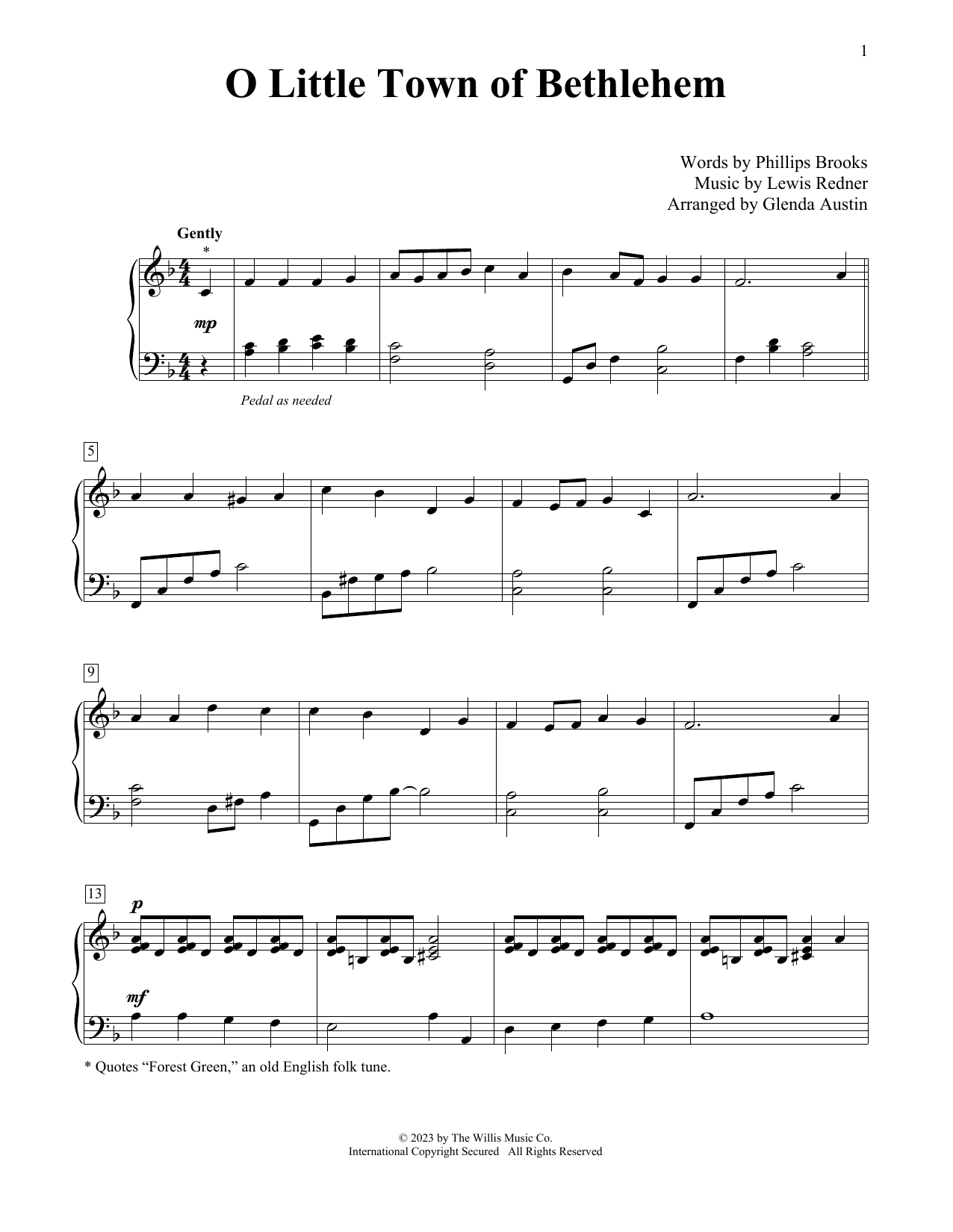 Download Lewis H. Redner O Little Town Of Bethlehem (arr. Glenda Austin) Sheet Music and learn how to play Educational Piano PDF digital score in minutes