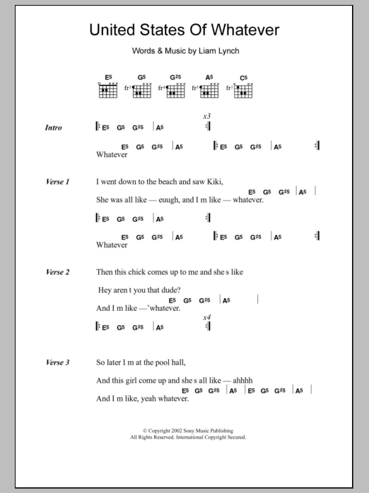 Download Liam Lynch United States Of Whatever Sheet Music and learn how to play Lyrics & Chords PDF digital score in minutes