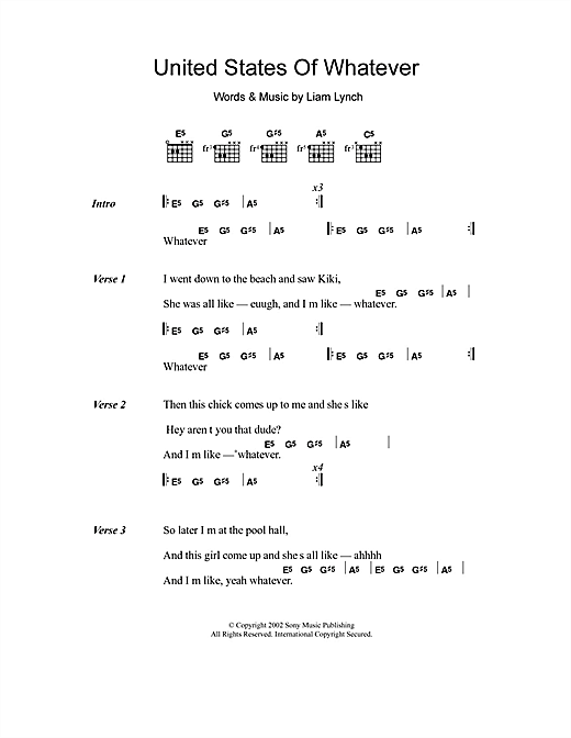 Download Liam Lynch United States Of Whatever Sheet Music and learn how to play Lyrics & Chords PDF digital score in minutes