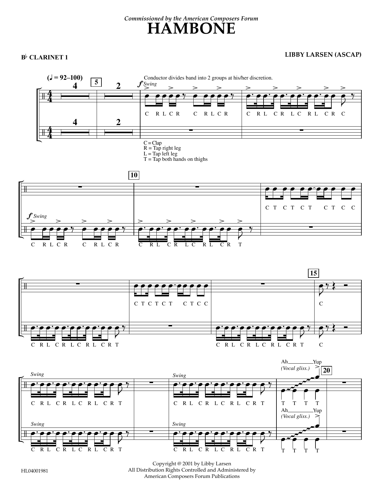 Download Libby Larsen Hambone - Bb Clarinet 1 Sheet Music and learn how to play Concert Band PDF digital score in minutes