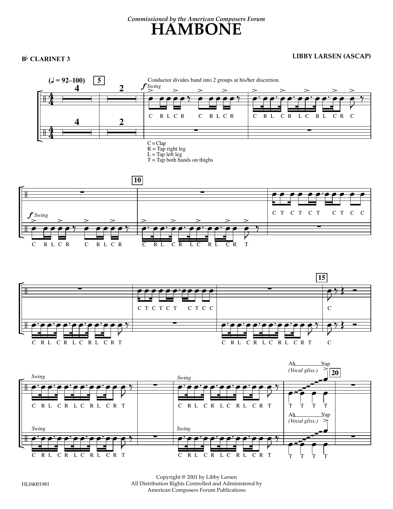 Download Libby Larsen Hambone - Bb Clarinet 3 Sheet Music and learn how to play Concert Band PDF digital score in minutes