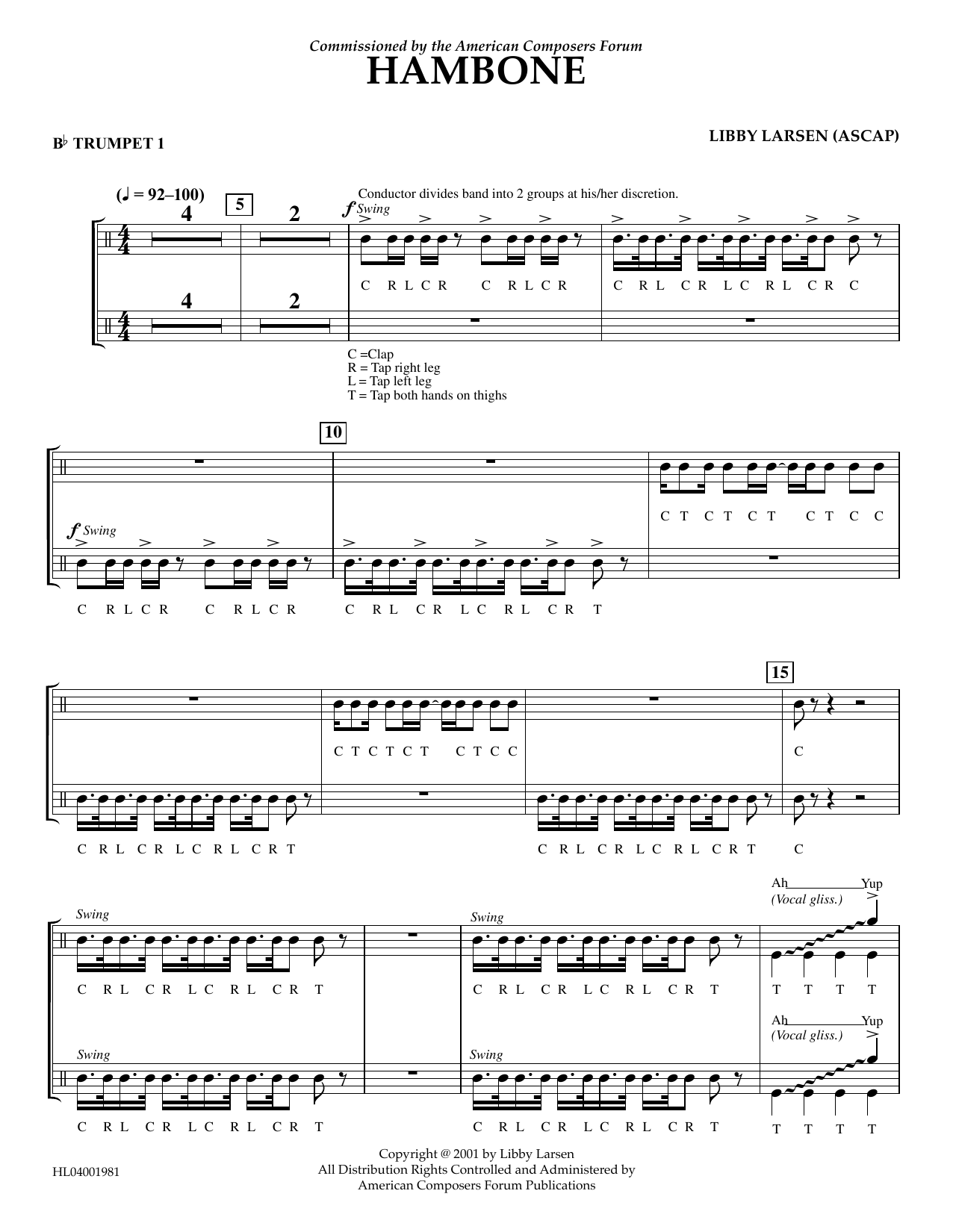 Download Libby Larsen Hambone - Bb Trumpet 1 Sheet Music and learn how to play Concert Band PDF digital score in minutes