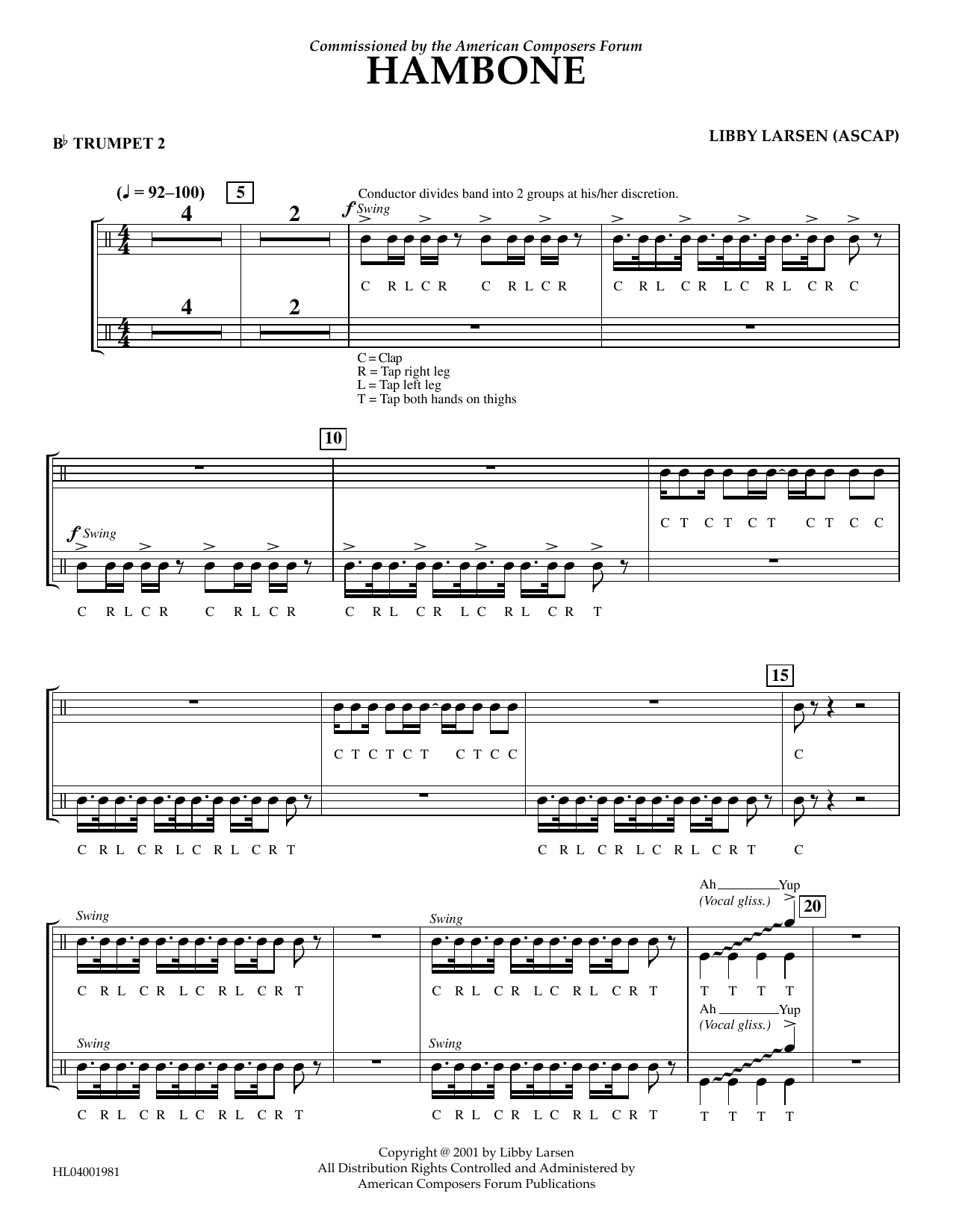 Download Libby Larsen Hambone - Bb Trumpet 2 Sheet Music and learn how to play Concert Band PDF digital score in minutes