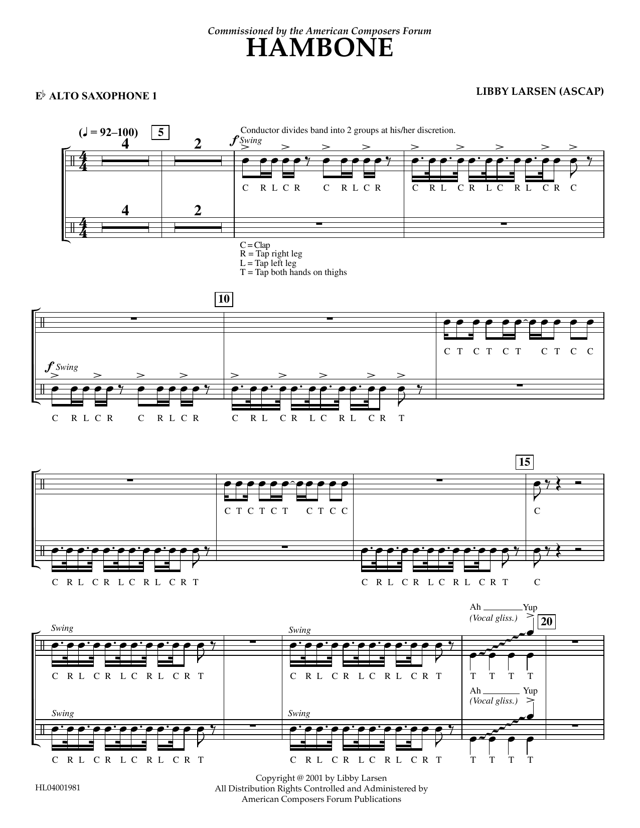 Download Libby Larsen Hambone - Eb Alto Sax 1 Sheet Music and learn how to play Concert Band PDF digital score in minutes