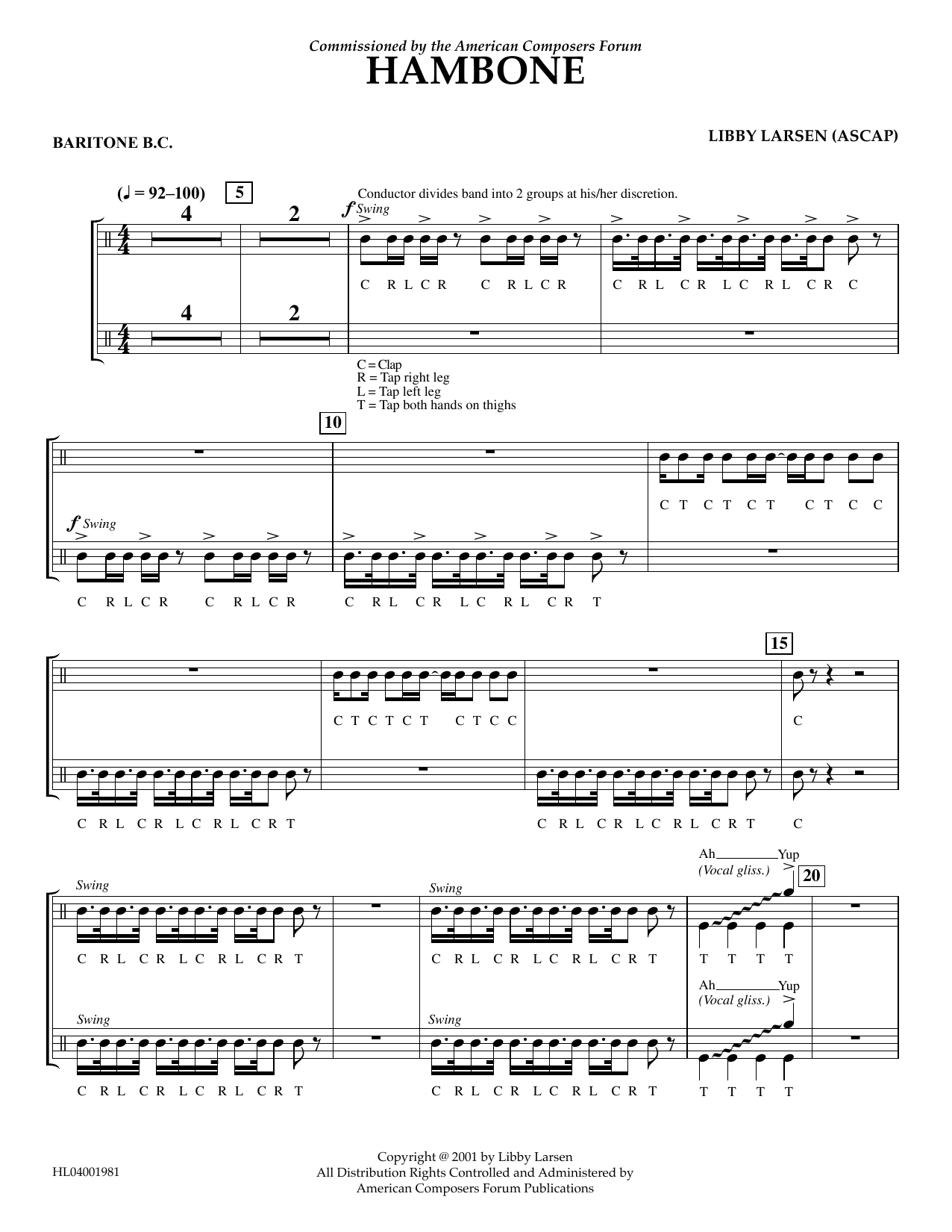 Download Libby Larsen Hambone - Euphonium in Bass Clef Sheet Music and learn how to play Concert Band PDF digital score in minutes