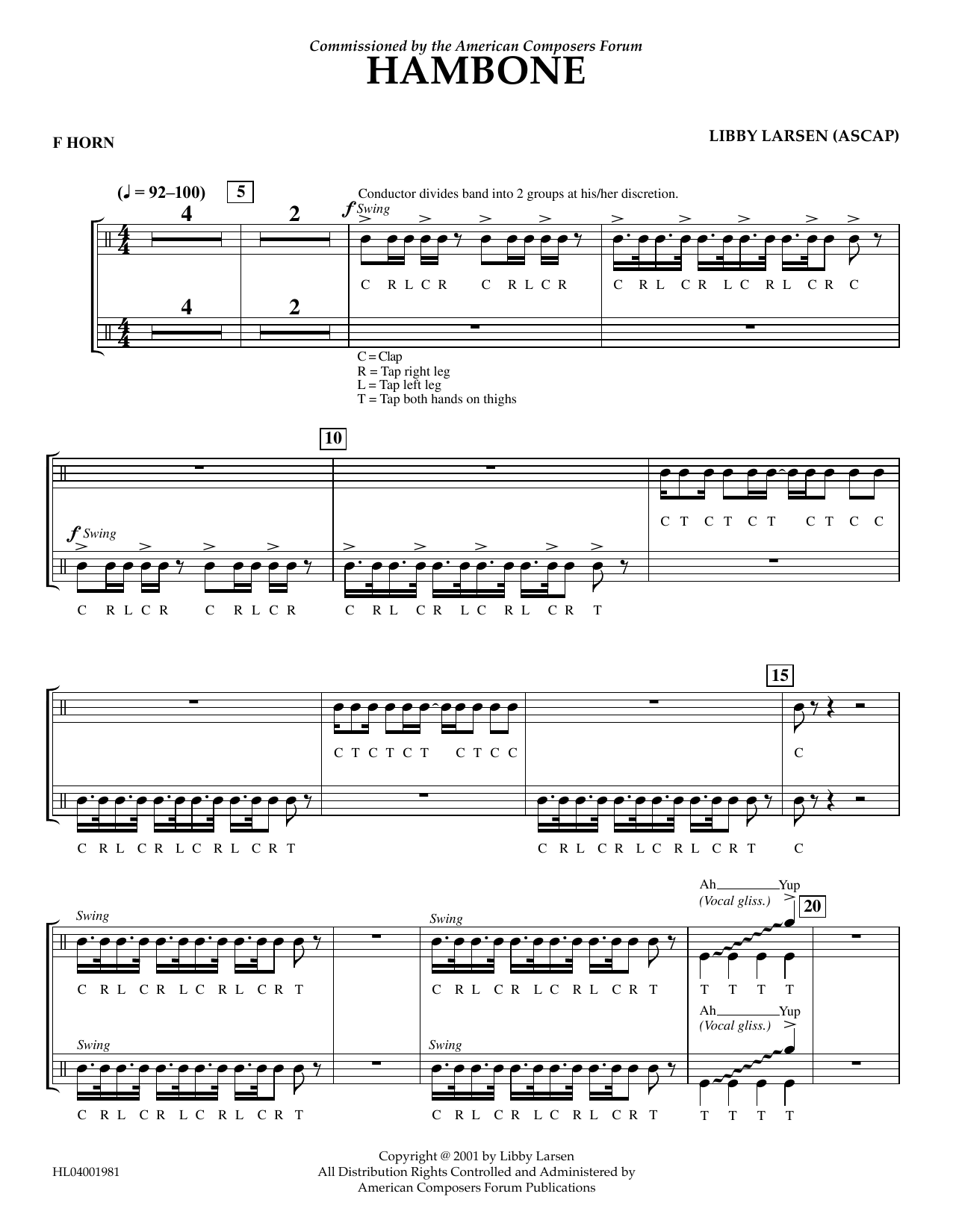 Download Libby Larsen Hambone - F Horn Sheet Music and learn how to play Concert Band PDF digital score in minutes