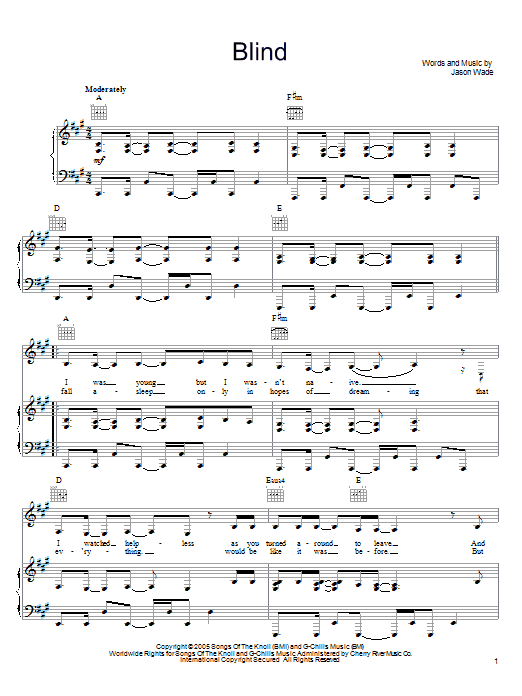 Download Lifehouse Blind Sheet Music and learn how to play Piano, Vocal & Guitar (Right-Hand Melody) PDF digital score in minutes