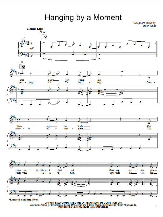 Download Lifehouse Hanging By A Moment Sheet Music and learn how to play Piano, Vocal & Guitar Chords (Right-Hand Melody) PDF digital score in minutes