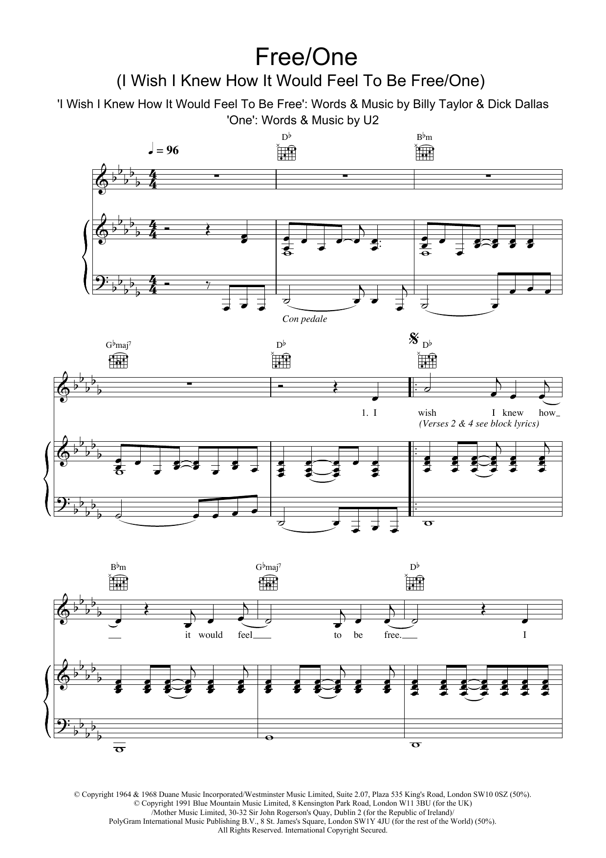 Download The Lighthouse Family Free/One (I Wish I Knew How It Would Feel To Be & One) Sheet Music and learn how to play Piano, Vocal & Guitar PDF digital score in minutes