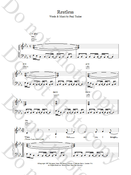 Download The Lighthouse Family Restless Sheet Music and learn how to play Piano, Vocal & Guitar (Right-Hand Melody) PDF digital score in minutes