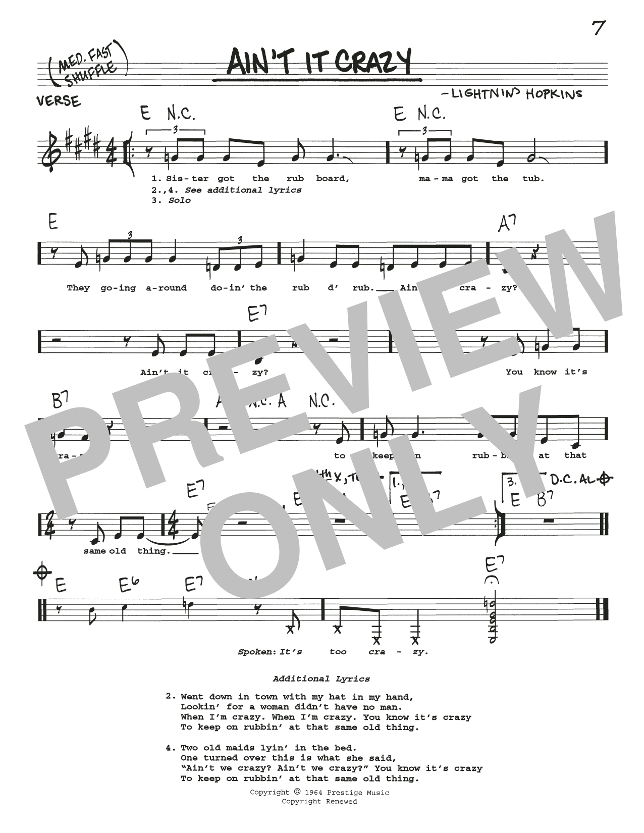 Download Lightnin' Hopkins Ain't It Crazy Sheet Music and learn how to play Real Book – Melody, Lyrics & Chords PDF digital score in minutes