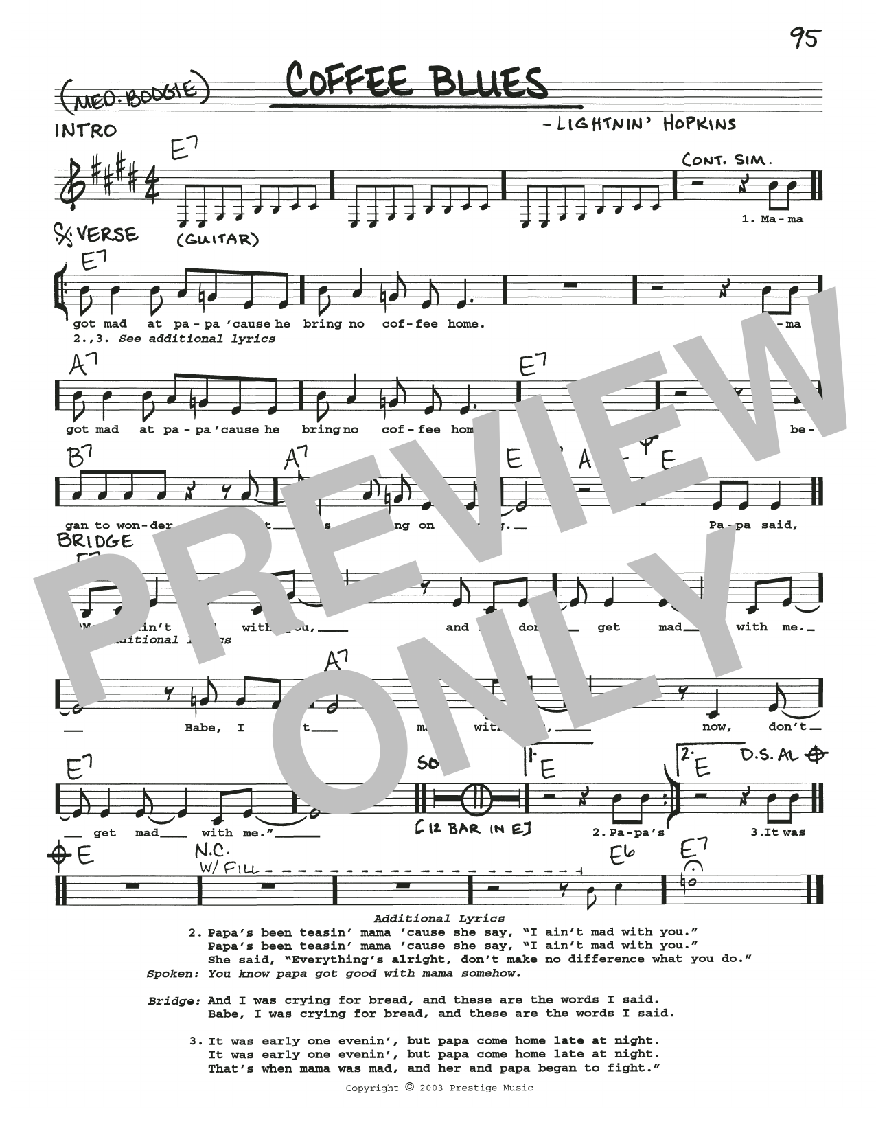 Download Lightnin' Hopkins Coffee Blues Sheet Music and learn how to play Real Book – Melody, Lyrics & Chords PDF digital score in minutes