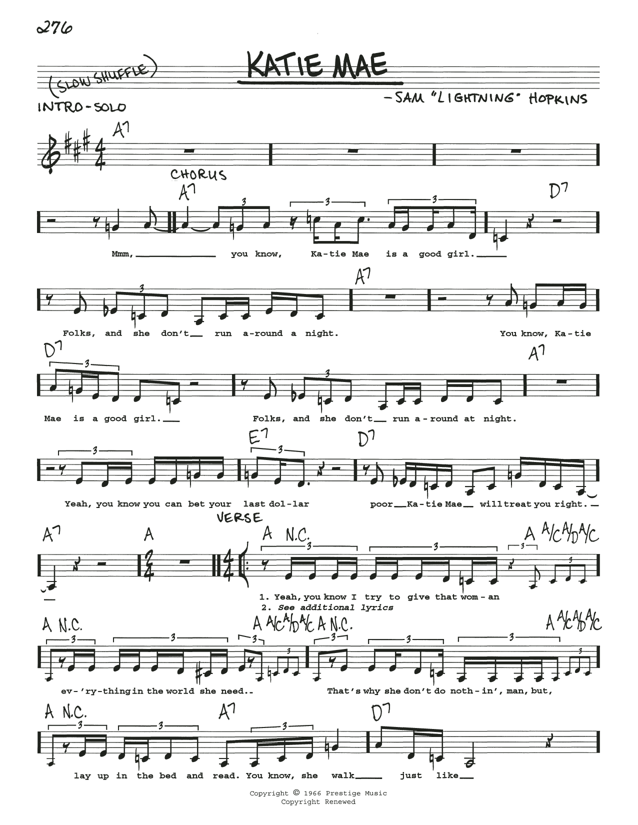 Download Lightnin' Hopkins Katie Mae Sheet Music and learn how to play Real Book – Melody, Lyrics & Chords PDF digital score in minutes