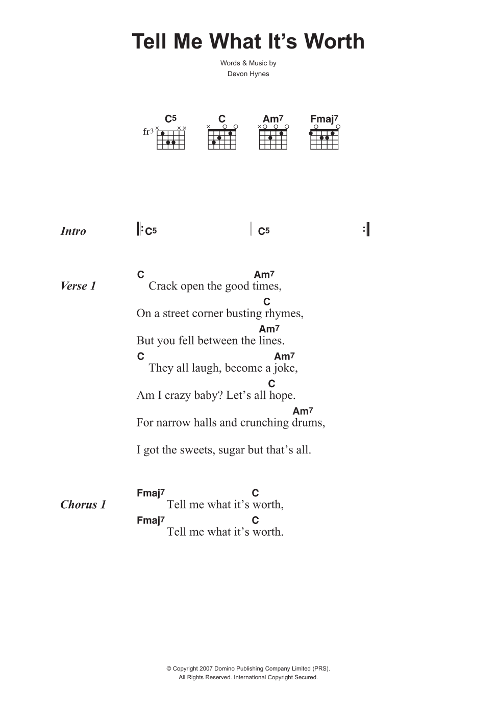Download Lightspeed Champion Tell Me What It's Worth Sheet Music and learn how to play Lyrics & Chords PDF digital score in minutes