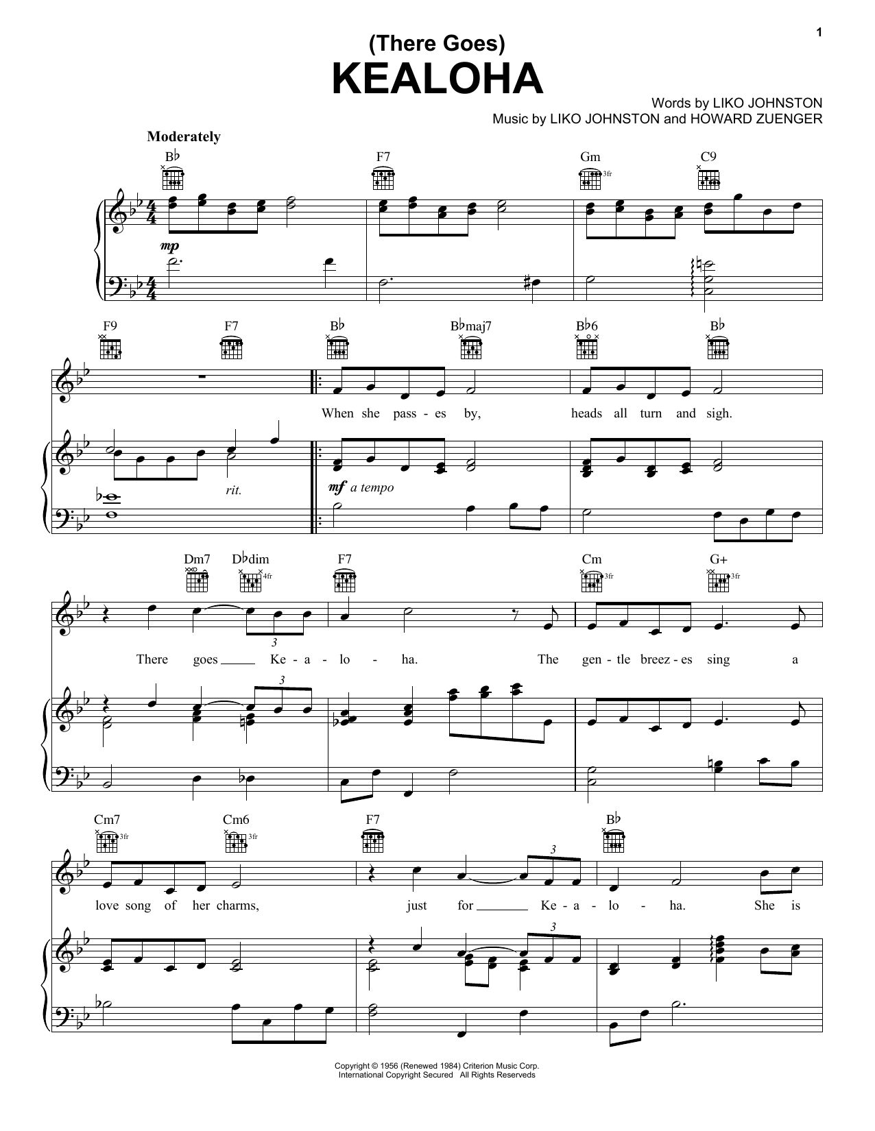 Download Liko Johnston Kealoha (There Goes) Sheet Music and learn how to play Piano, Vocal & Guitar (Right-Hand Melody) PDF digital score in minutes