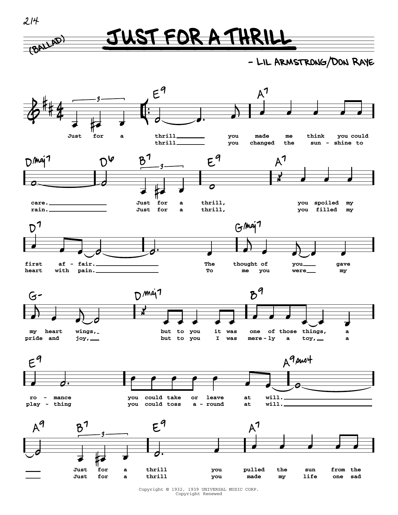 Download Lil Armstrong Just For A Thrill (Low Voice) Sheet Music and learn how to play Real Book – Melody, Lyrics & Chords PDF digital score in minutes