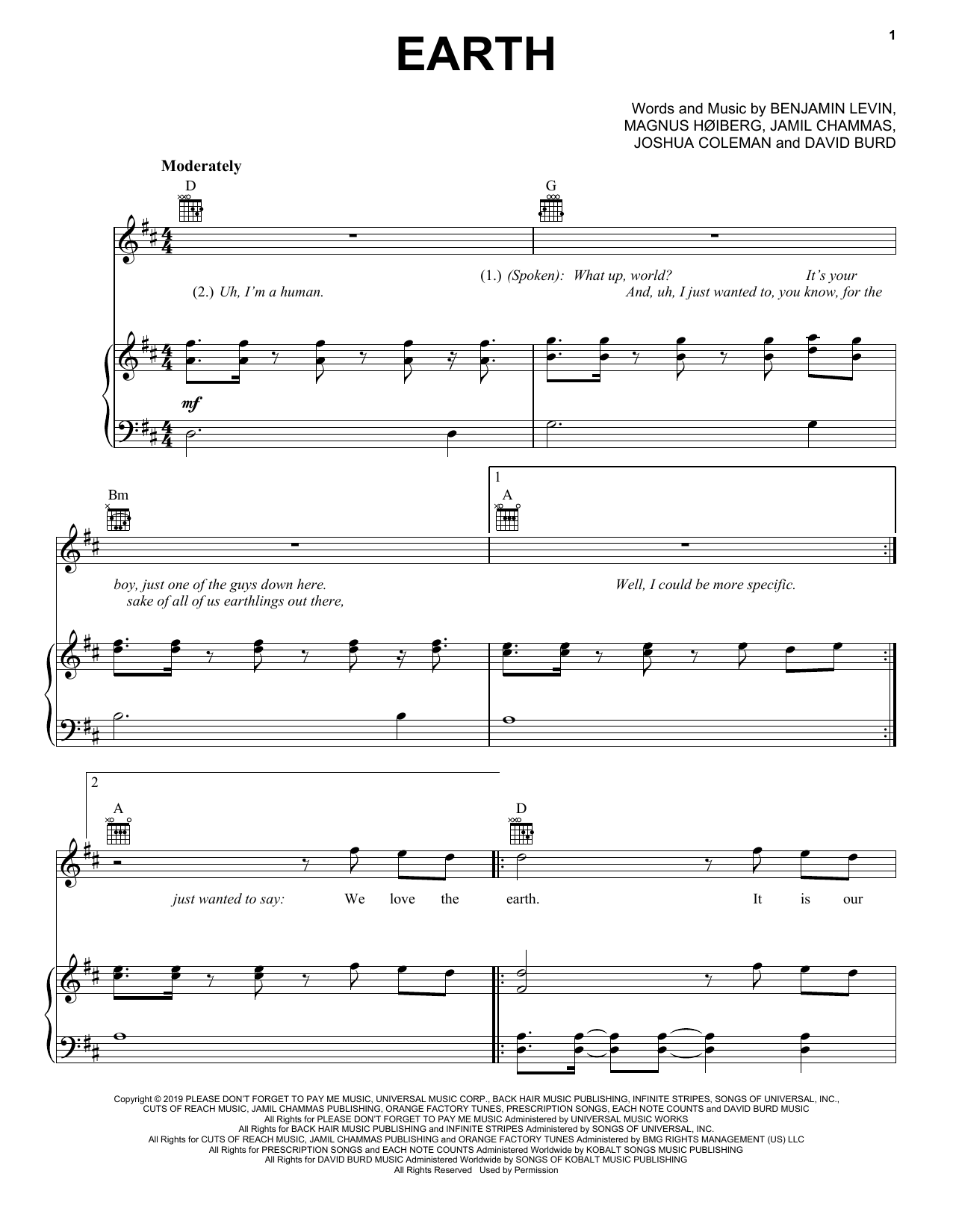 Download Lil Dicky Earth Sheet Music and learn how to play Piano, Vocal & Guitar Chords (Right-Hand Melody) PDF digital score in minutes