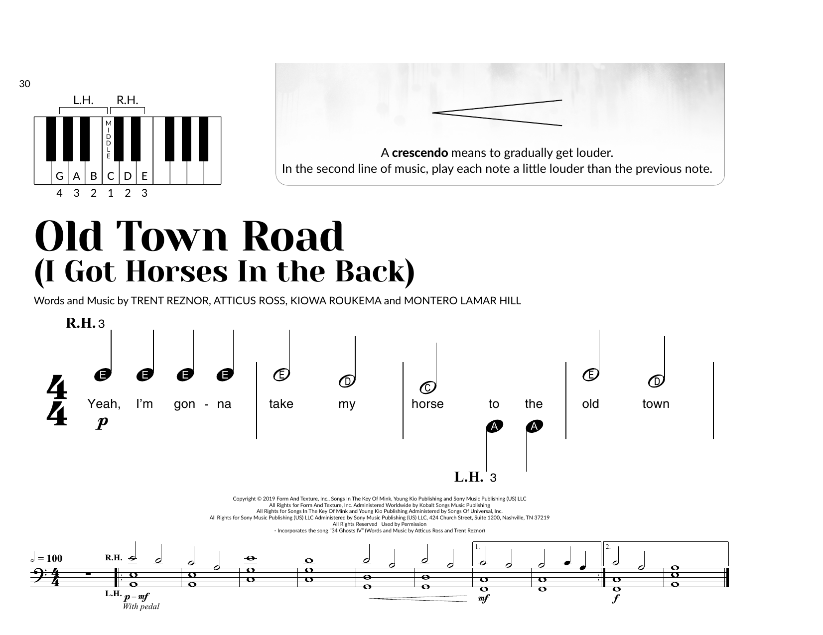 Download Lil Nas X feat. Billy Ray Cyrus Old Town Road (I Got The Horses In The Back) (arr. Brittany McCorriston) Sheet Music and learn how to play Very Beginner Piano PDF digital score in minutes