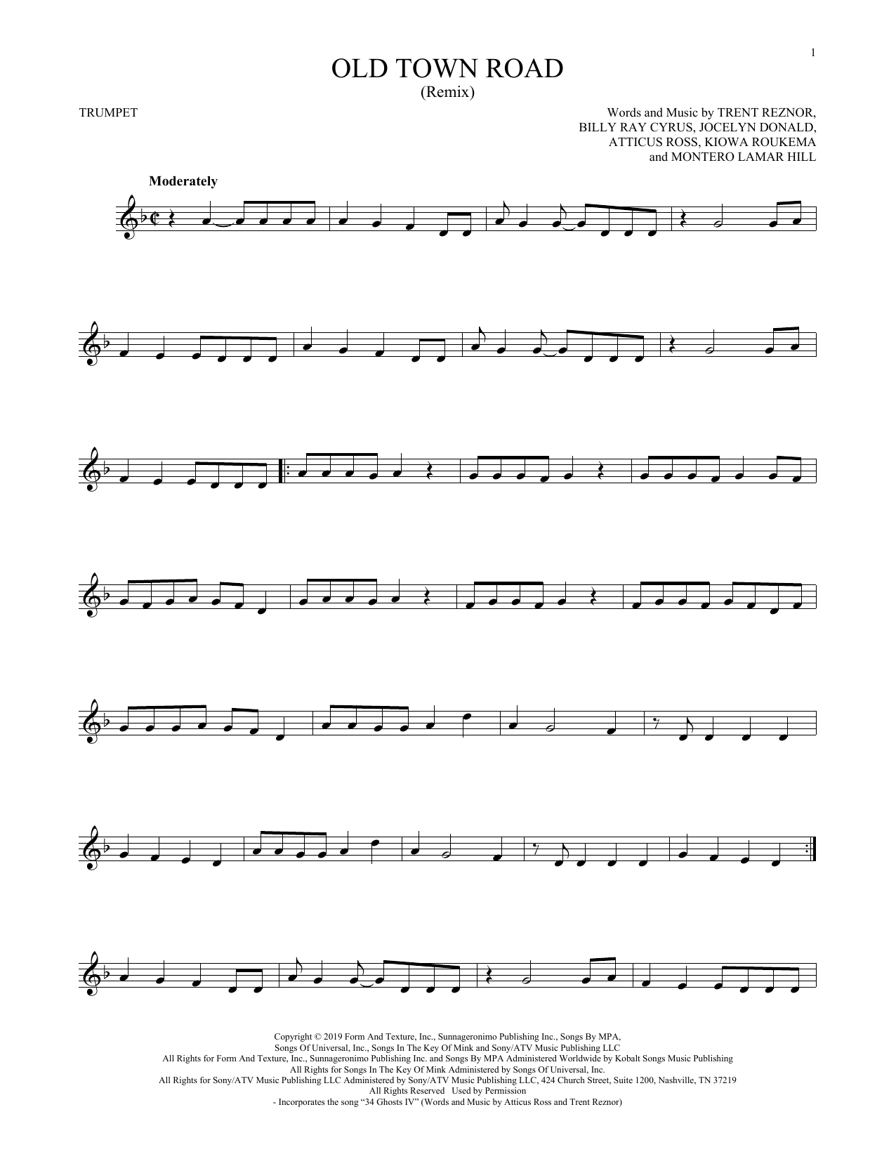 Download Lil Nas X feat. Billy Ray Cyrus Old Town Road (Remix) Sheet Music and learn how to play Trumpet Solo PDF digital score in minutes