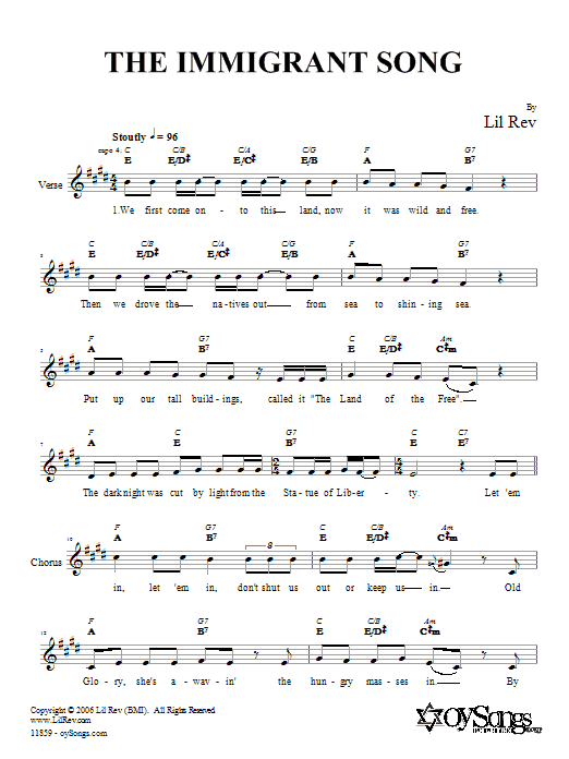 Download Lil Rev The Immigrant Song Sheet Music and learn how to play Melody Line, Lyrics & Chords PDF digital score in minutes
