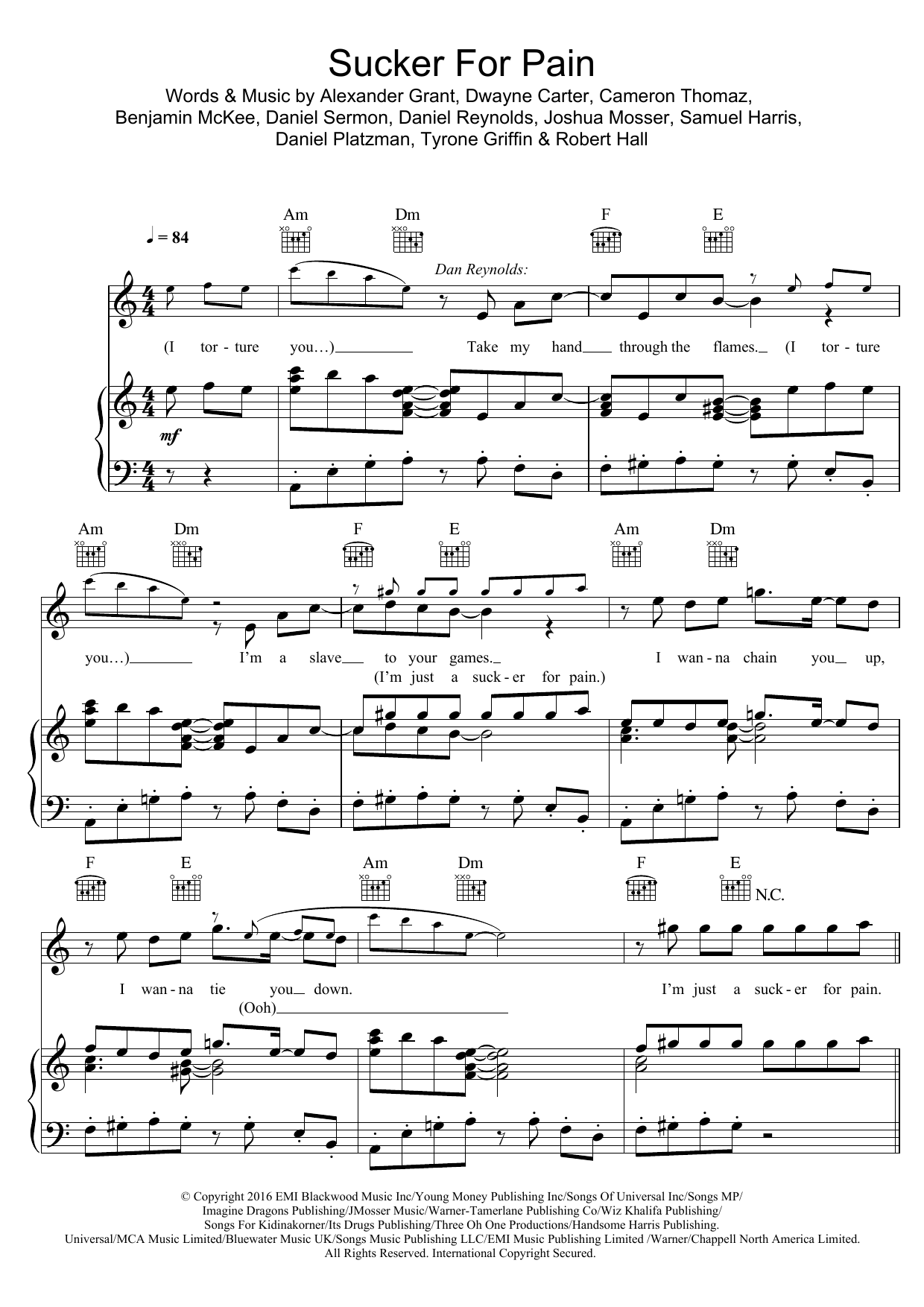 Download Lil Wayne, Wiz Khalifa, Imagine Dragons, Logic & Ty Dolla $ign Sucker For Pain (feat. X Ambassadors) Sheet Music and learn how to play Piano, Vocal & Guitar (Right-Hand Melody) PDF digital score in minutes