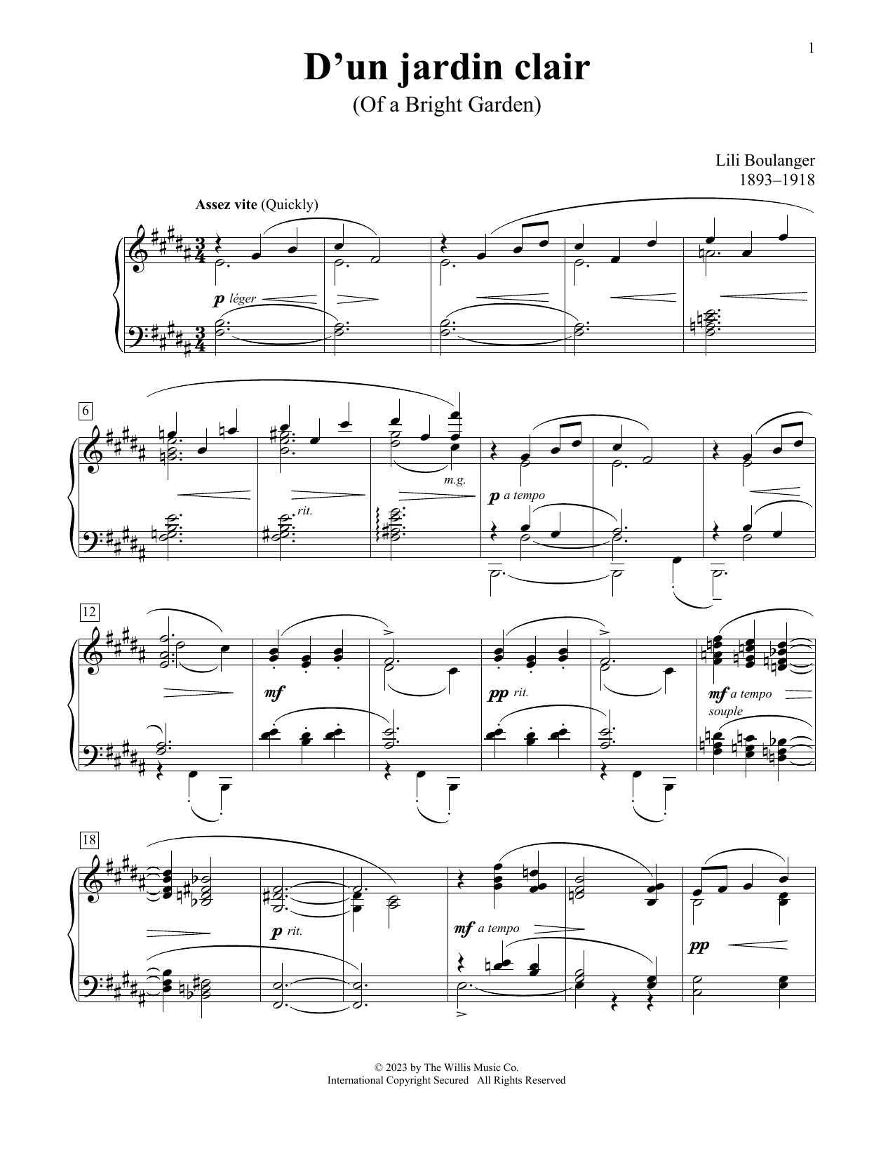 Download Lili Boulanger D'un Jardin Clair Sheet Music and learn how to play Educational Piano PDF digital score in minutes