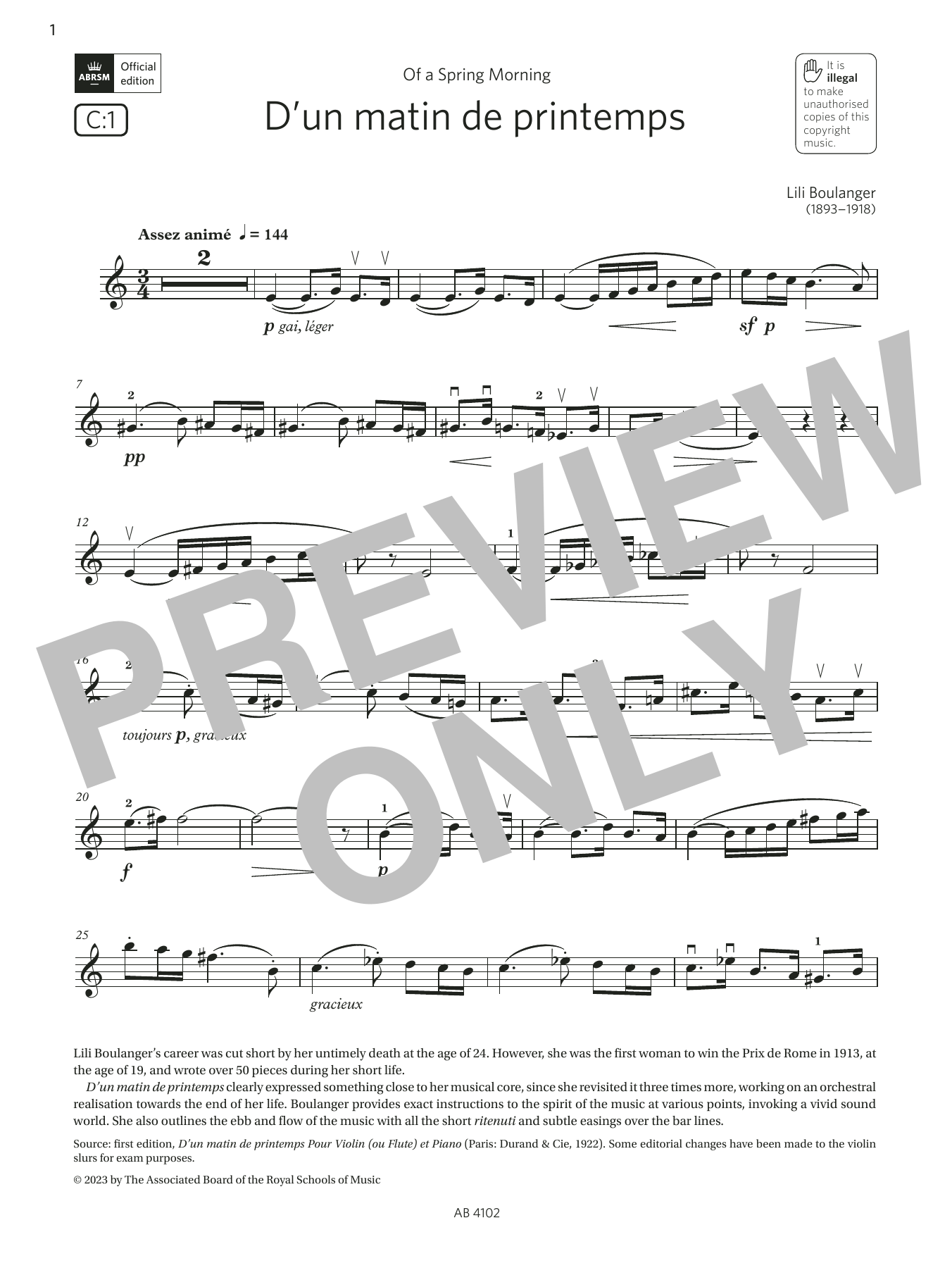 Download Lili Boulanger D'un matin de printemps (Grade 8, C1, from the ABRSM Violin Syllabus from 2024) Sheet Music and learn how to play Violin Solo PDF digital score in minutes