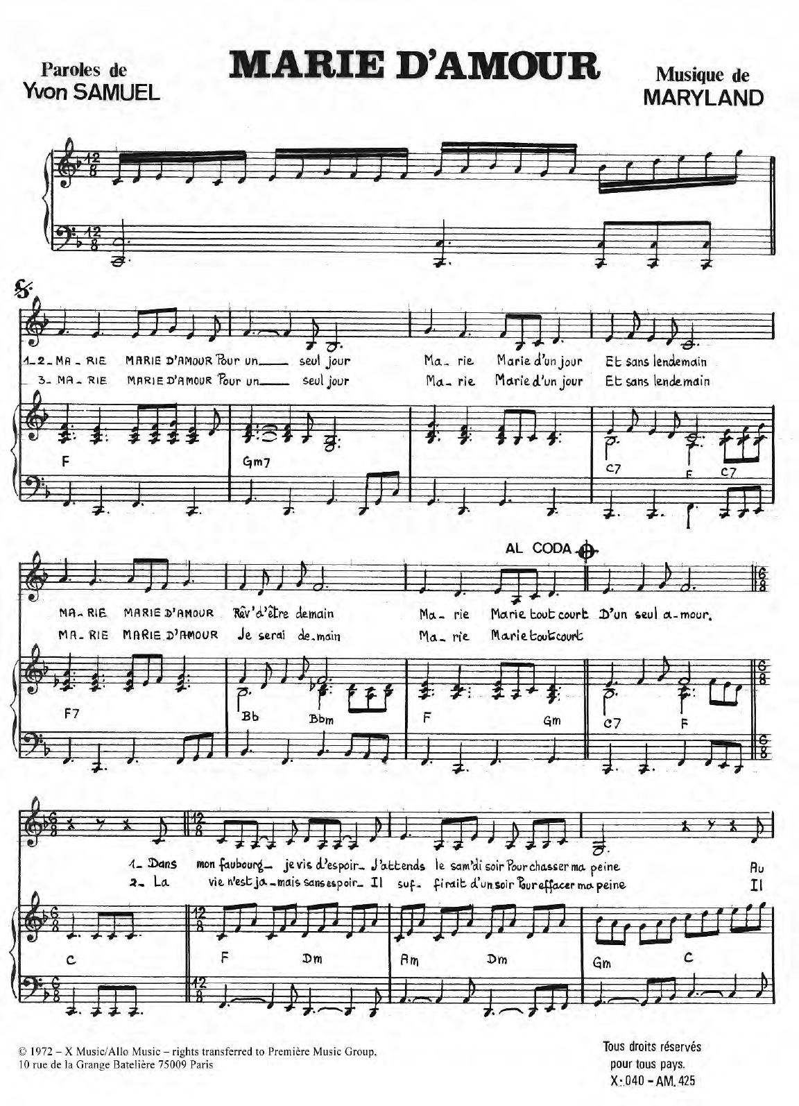 Download Liliane Lancetti Marie D'Amour Sheet Music and learn how to play Piano & Vocal PDF digital score in minutes
