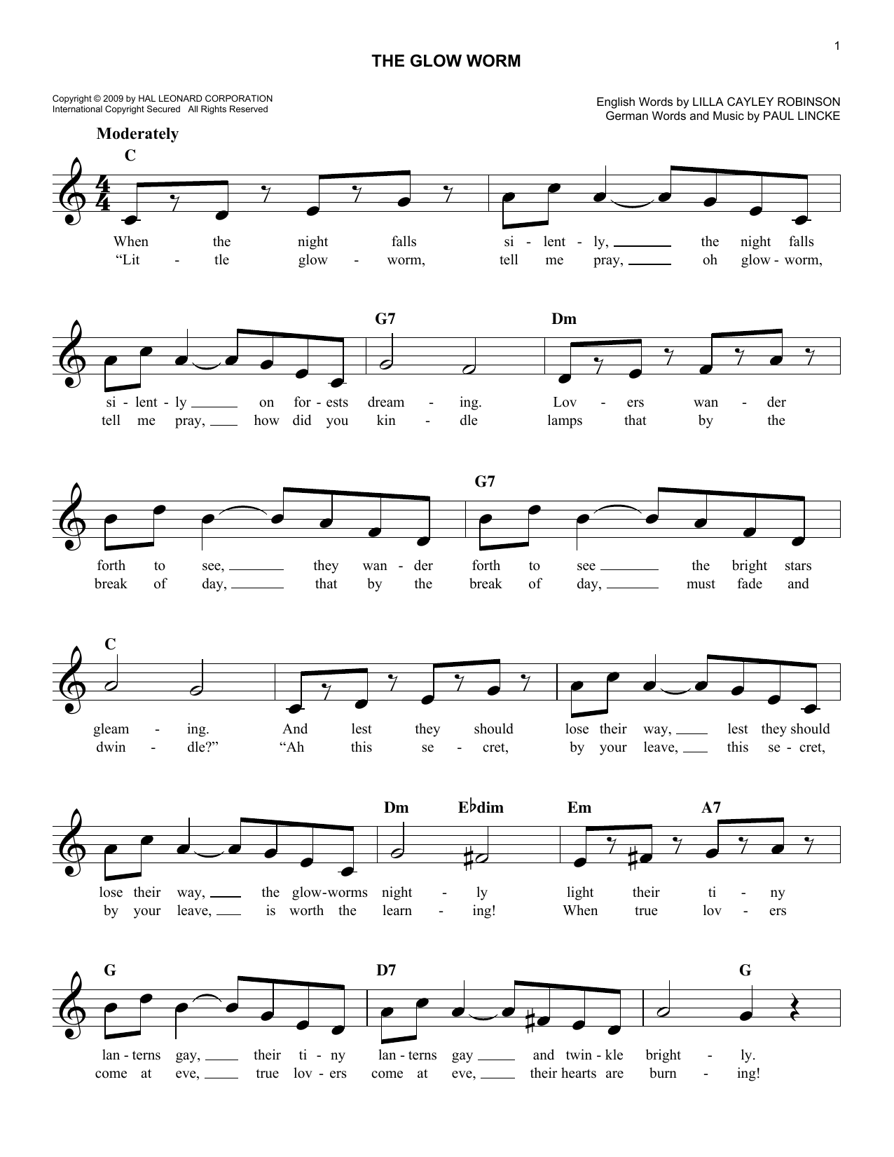 Download Lilla Cayley Robinson The Glow Worm Sheet Music and learn how to play Melody Line, Lyrics & Chords PDF digital score in minutes
