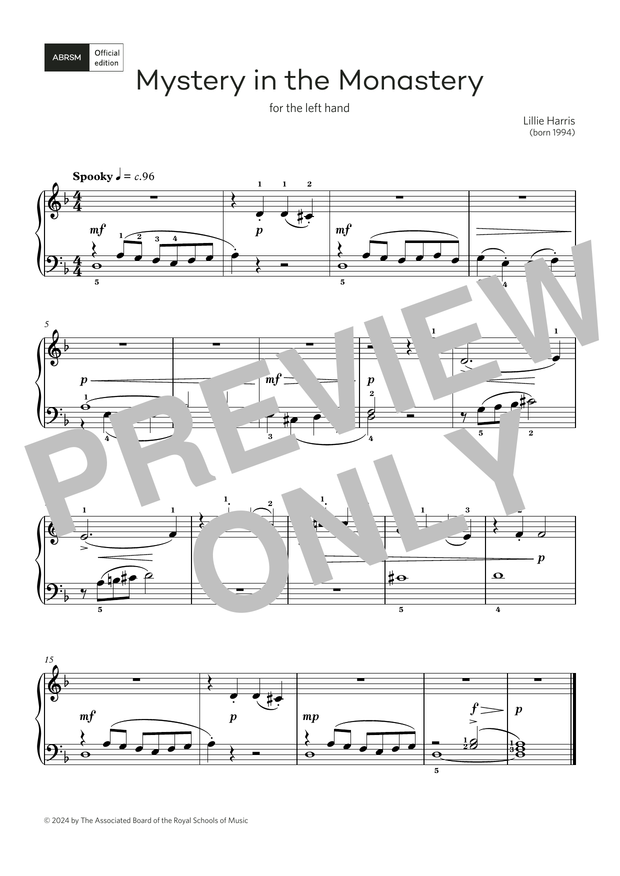 Download Lillie Harris Mystery in the Monastery: for left hand only (Grade 1, list C, ABRSM Piano Syll Sheet Music and learn how to play Piano Solo PDF digital score in minutes