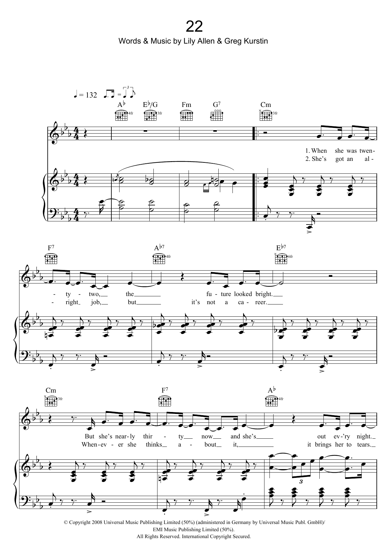 Download Lily Allen 22 Sheet Music and learn how to play Piano, Vocal & Guitar PDF digital score in minutes